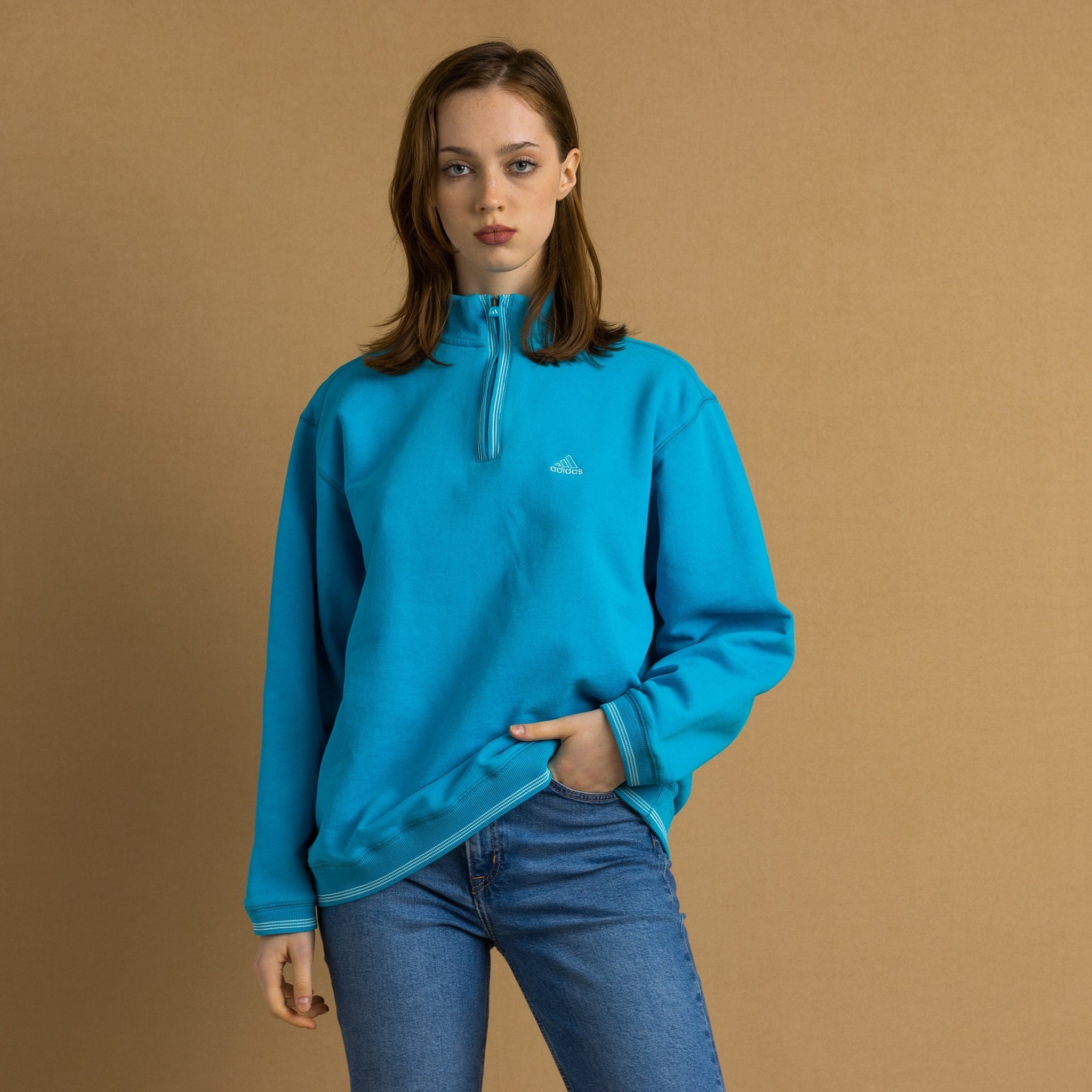 Medium 90s Adidas Zip Fastens Sweatshirt | Vintage Blue Zip Woman Adidas Small Logo Crewneck Raglan Sleeve Rave Sweater Top Pullover