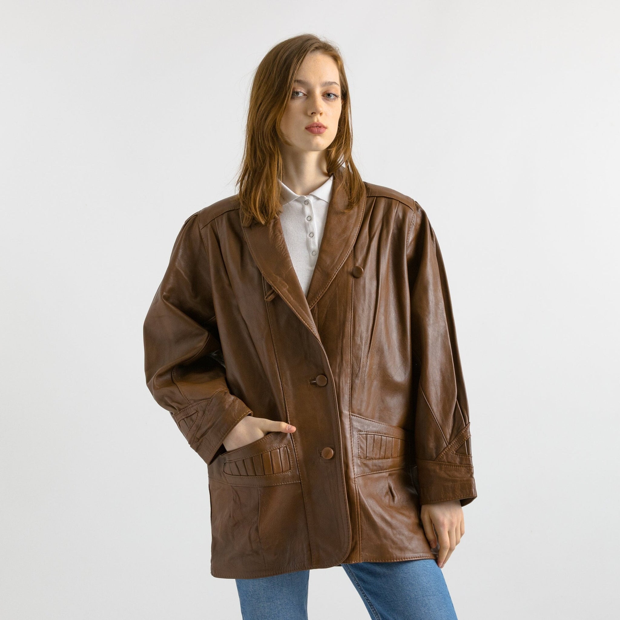 Brown Leather Jacket Vintage 80s Minimalist Blazer Jacket Retro Leather Coat Longline Leather Jacket Women Vintage Clothing size Small