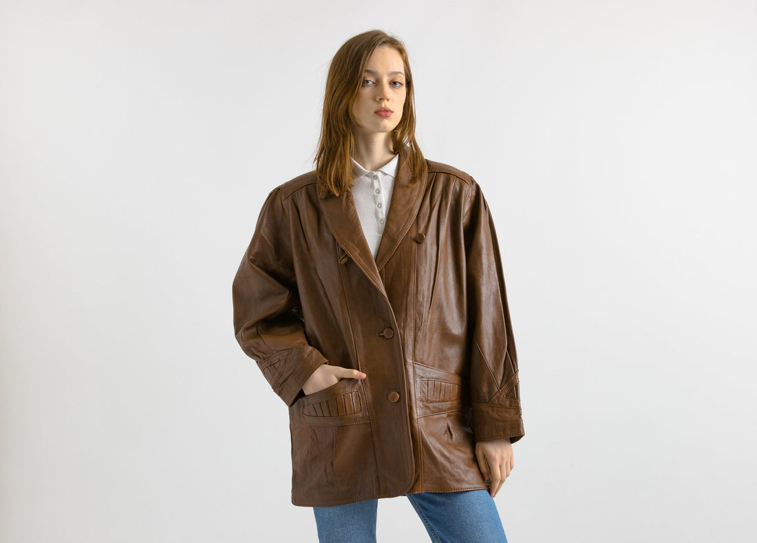 Brown Leather Jacket Vintage 80s Minimalist Blazer Jacket Retro Leather Coat Longline Leather Jacket Women Vintage Clothing size Small