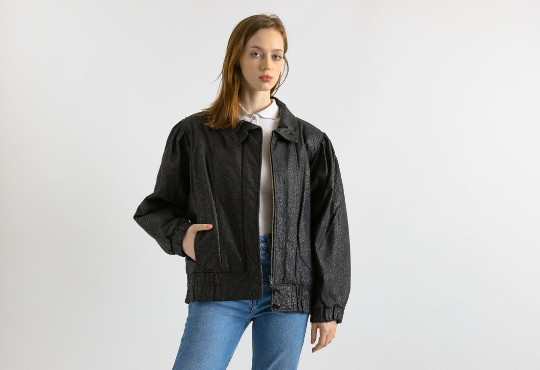 Leather Moto Bomber Jacket Women Vintage 80s Bomber Biker Jacket Black Motorcycle 80s Grunge Jacket Black Leather Jacket Size 38