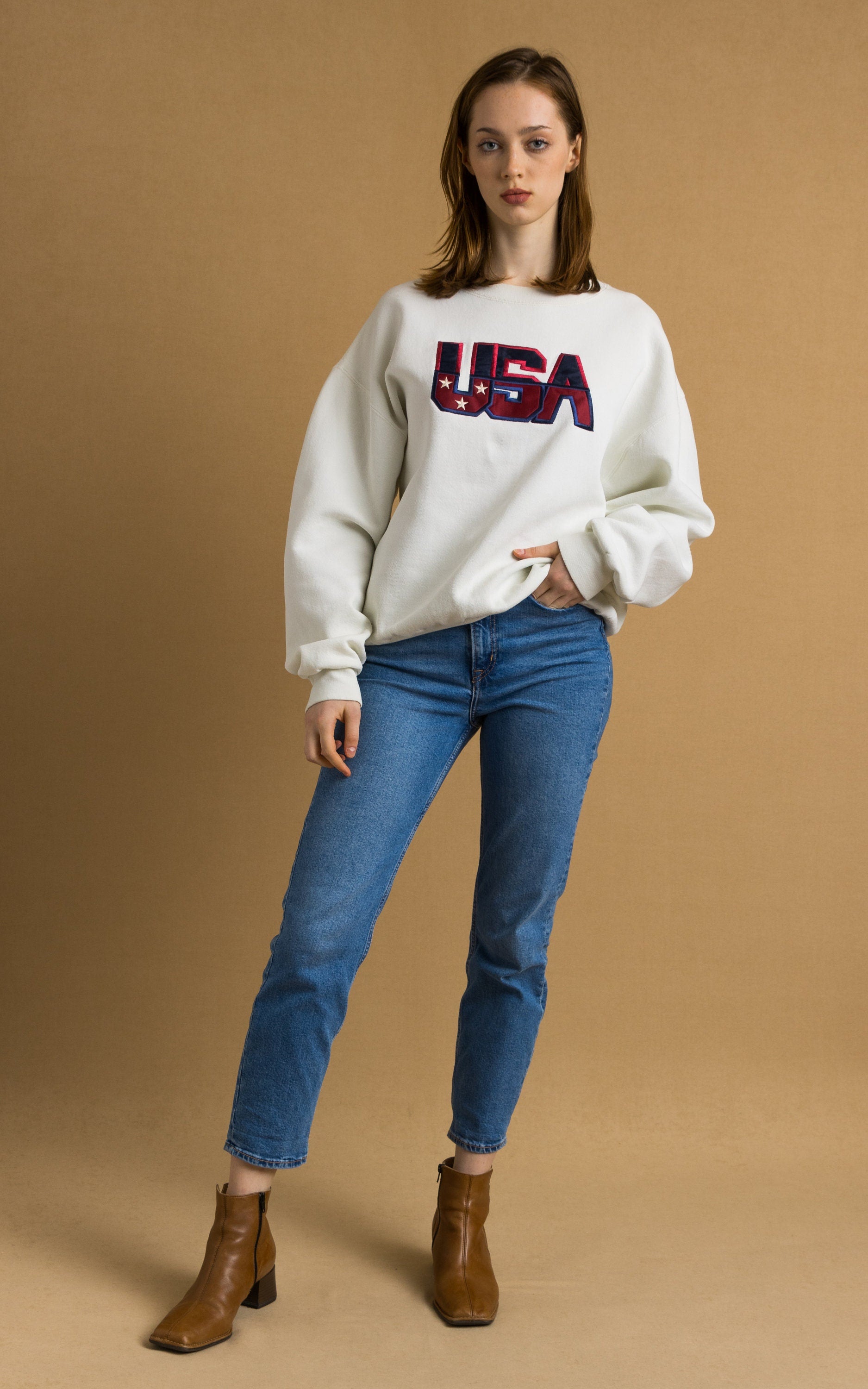 80s Vintage USA Logo Embroidery Vintage Sweatshirt Long Sleeve Woman Vintage Print Sweater. Vintage Woman Print Jumper size L Large