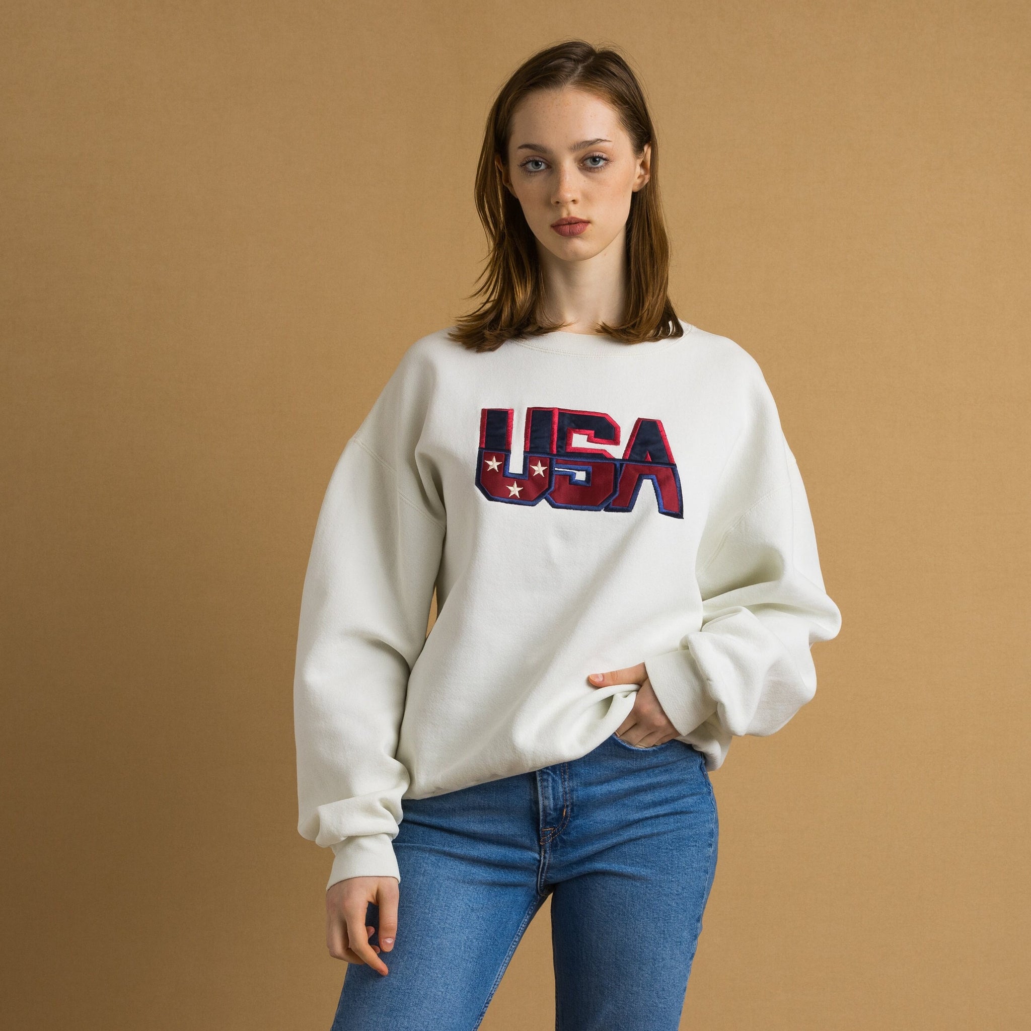 80s Vintage USA Logo Embroidery Vintage Sweatshirt Long Sleeve Woman Vintage Print Sweater. Vintage Woman Print Jumper size L Large