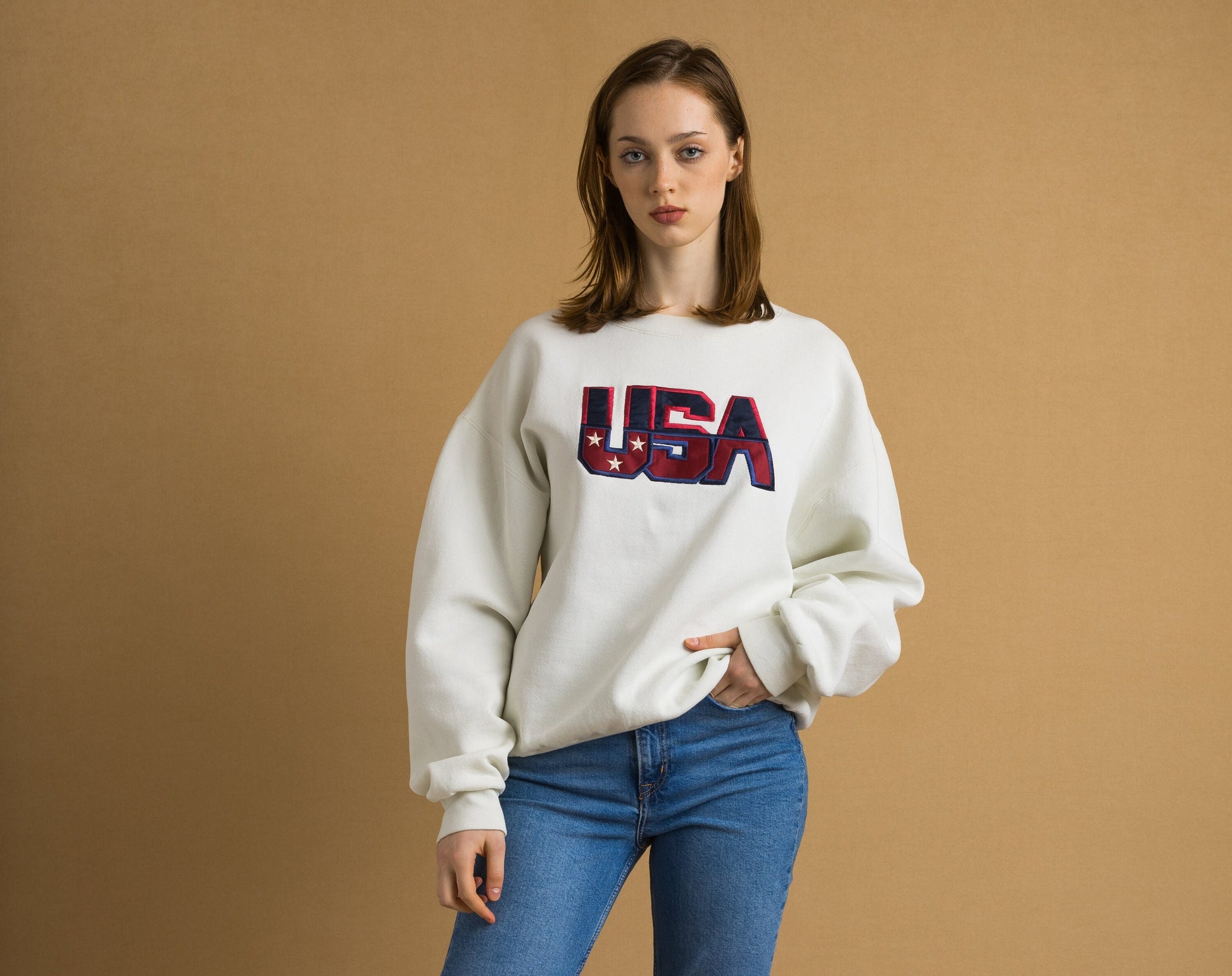 80s Vintage USA Logo Embroidery Vintage Sweatshirt Long Sleeve Woman Vintage Print Sweater. Vintage Woman Print Jumper size L Large