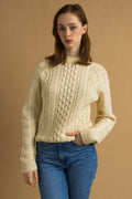 80s Vintage Vtg Rare Retro 100% Wool Knitted Knit Crew Neck Fisherman Beige Long Sweater Jumper Pullover Woman Gift Present