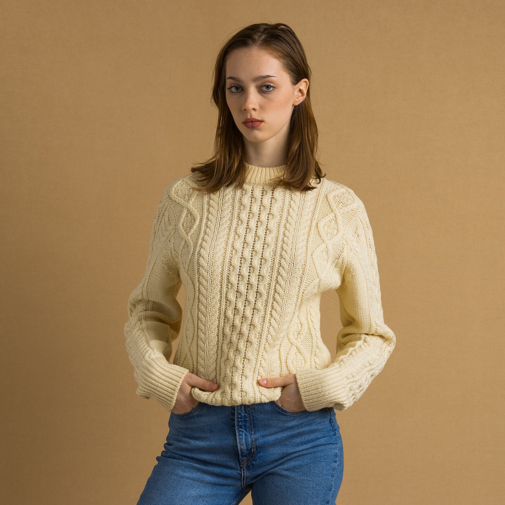 80s Vintage Vtg Rare Retro 100% Wool Knitted Knit Crew Neck Fisherman Beige Long Sweater Jumper Pullover Woman Gift Present