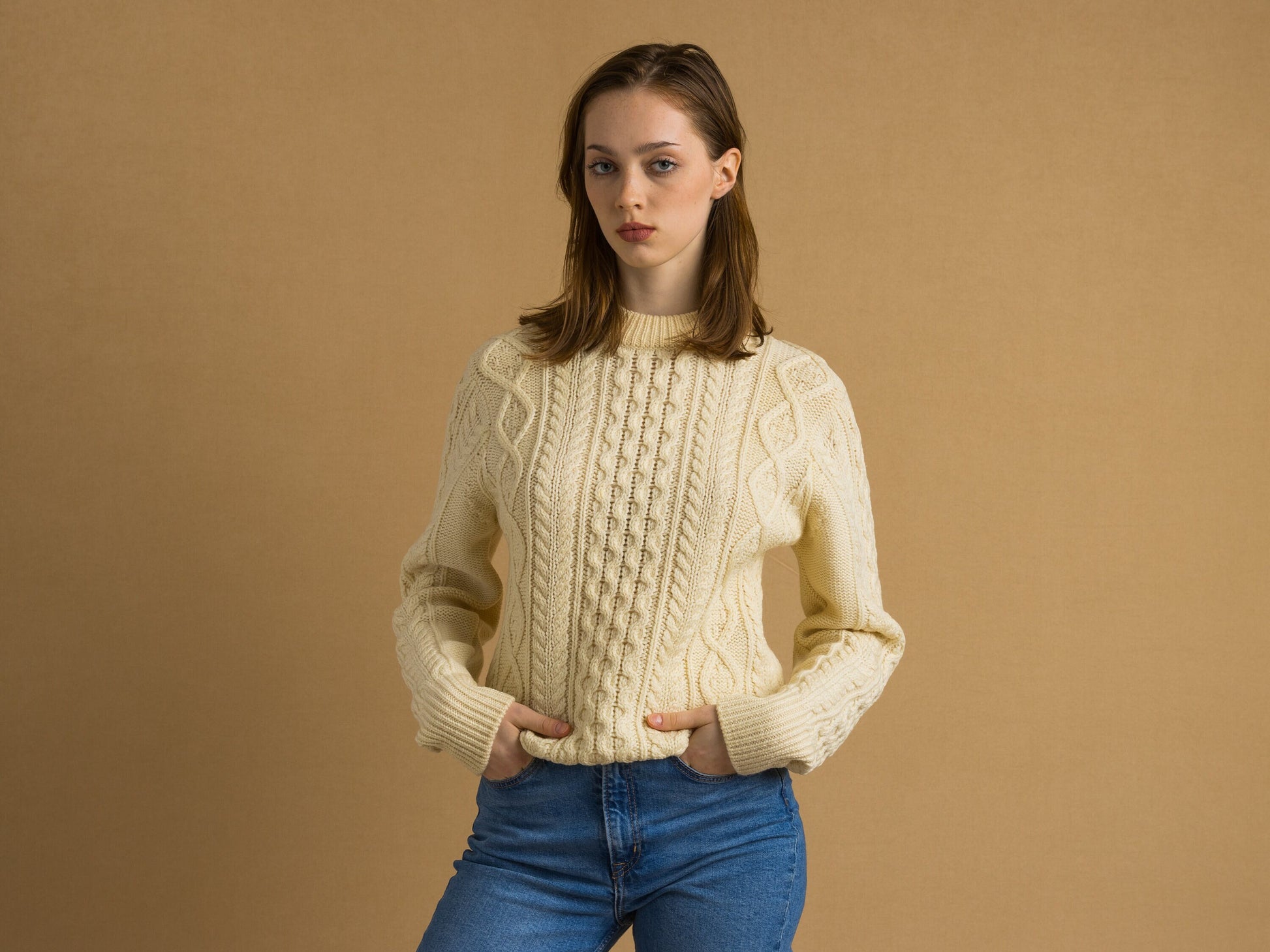 80s Vintage Vtg Rare Retro 100% Wool Knitted Knit Crew Neck Fisherman Beige Long Sweater Jumper Pullover Woman Gift Present