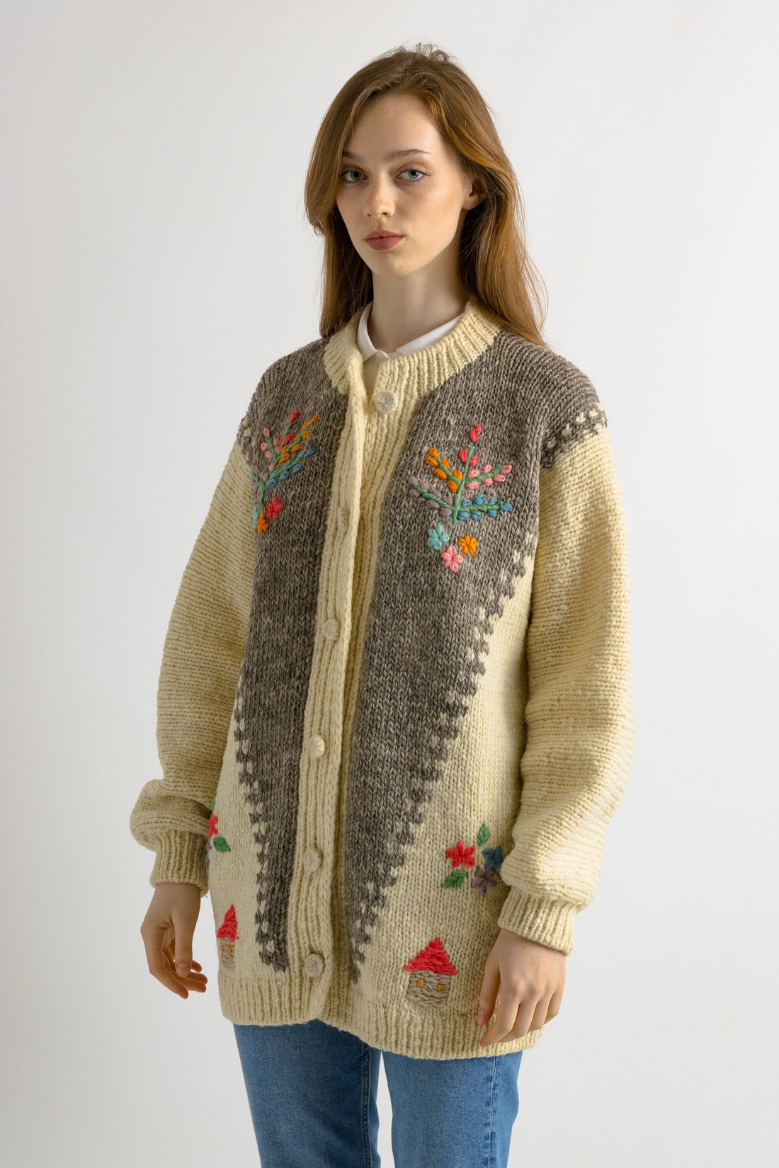 Unique Wonderful Beige Scarlet Vintage Cardigan Folk Dirndl Austrian Embroidered Knitted Jacket Embroidery Wool Hand Knitted