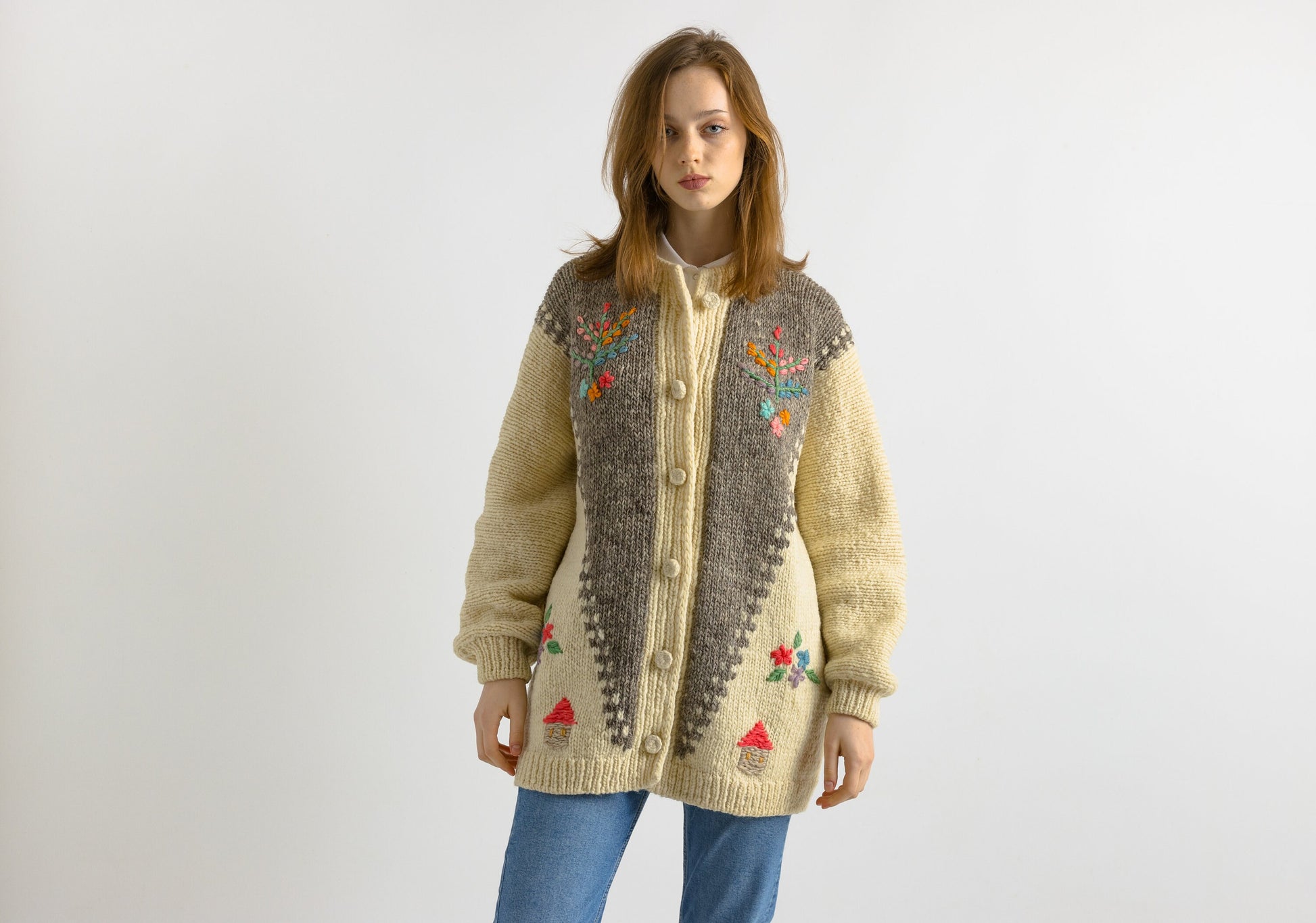 Unique Wonderful Beige Scarlet Vintage Cardigan Folk Dirndl Austrian Embroidered Knitted Jacket Embroidery Wool Hand Knitted