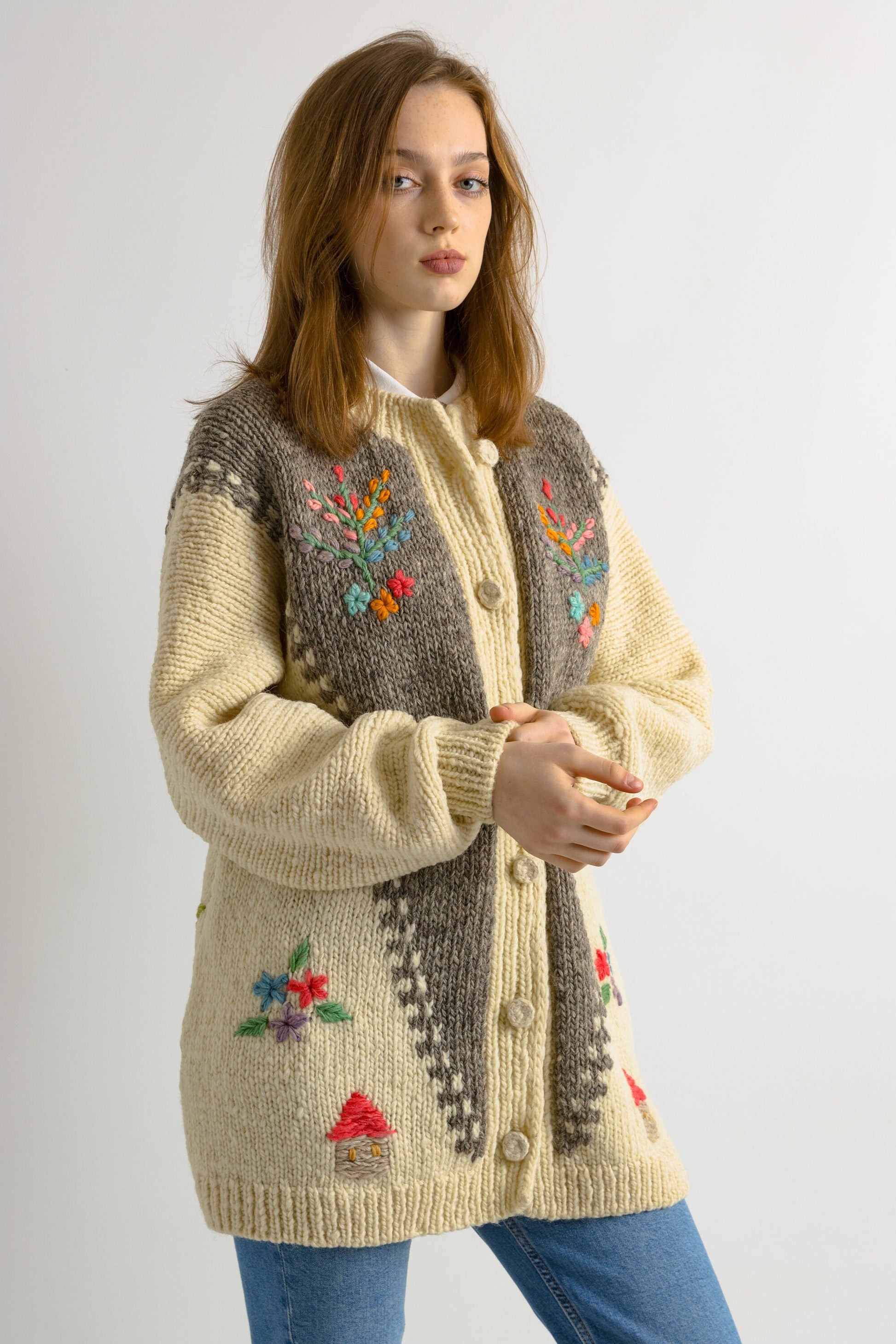 Unique Wonderful Beige Scarlet Vintage Cardigan Folk Dirndl Austrian Embroidered Knitted Jacket Embroidery Wool Hand Knitted