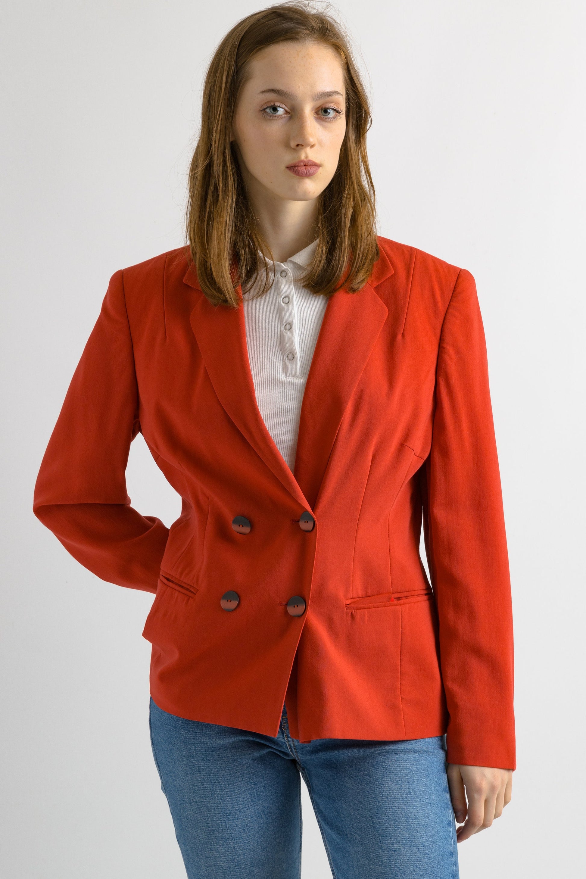 80s Vintage CERRUTI 1881 Wool Long Sleeve Red Midi Buttons Up Long Style Blazer Size M Medium. Vintage Woman Red Wool Blazer.