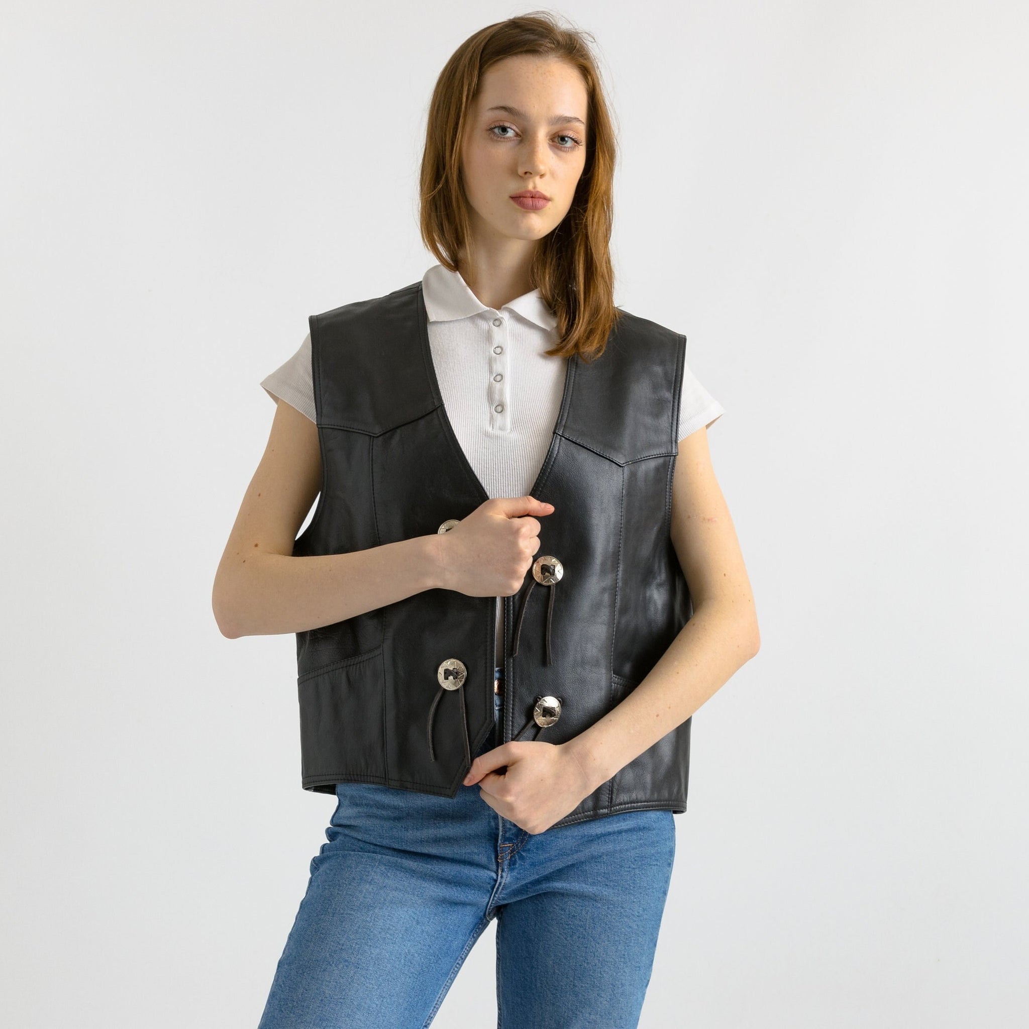 Vintage Black Leather Vest made, UNISEX Women Small Size Top, Black Leather Vest, Southwest Leather Top, Motorcyckle Vest