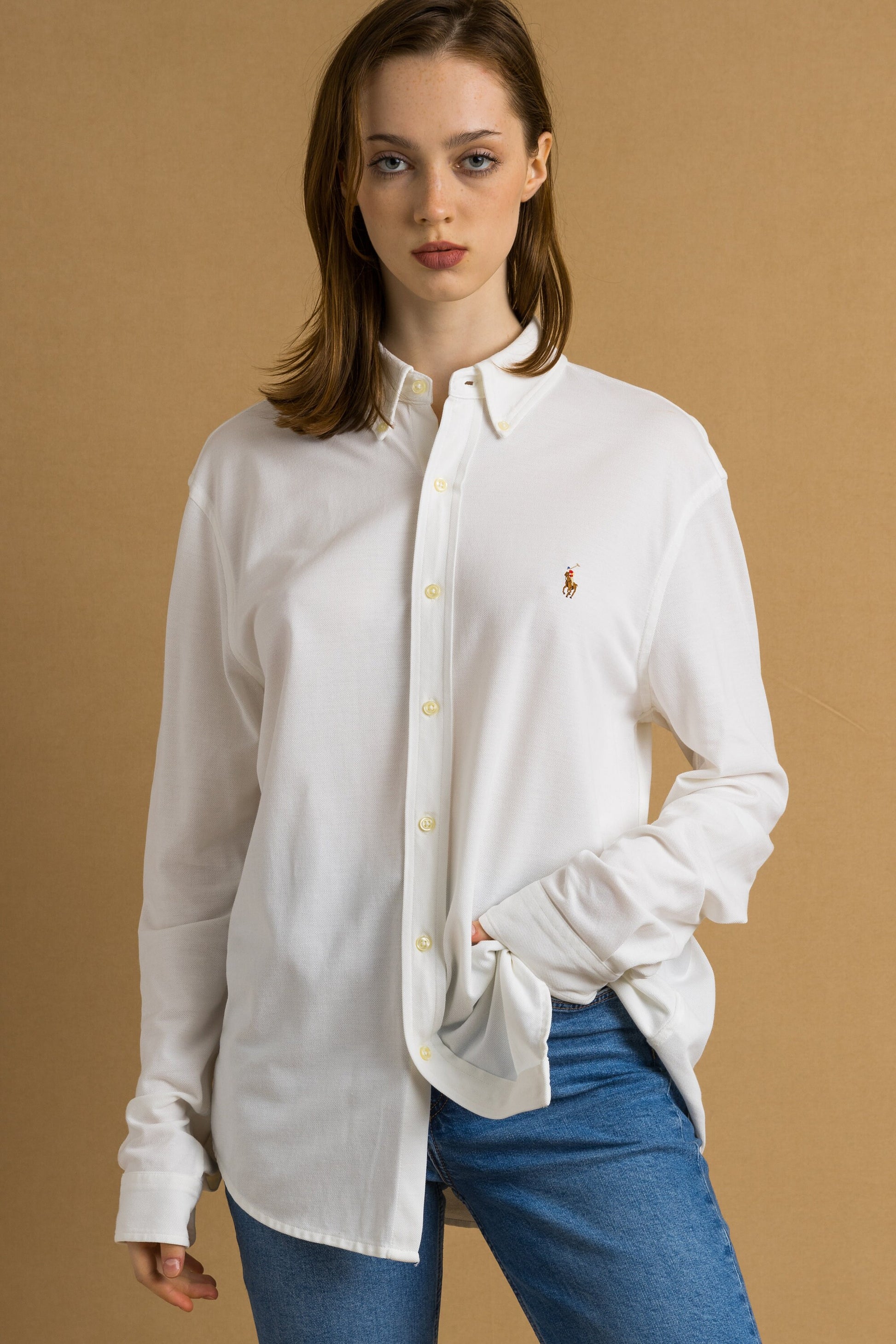 Vintage Ralph Lauren White Cotton Logo Long Sleeve Buttons Up Woman Shirt/ Vintage Ralph Lauren Unisex White L Woman Shirt