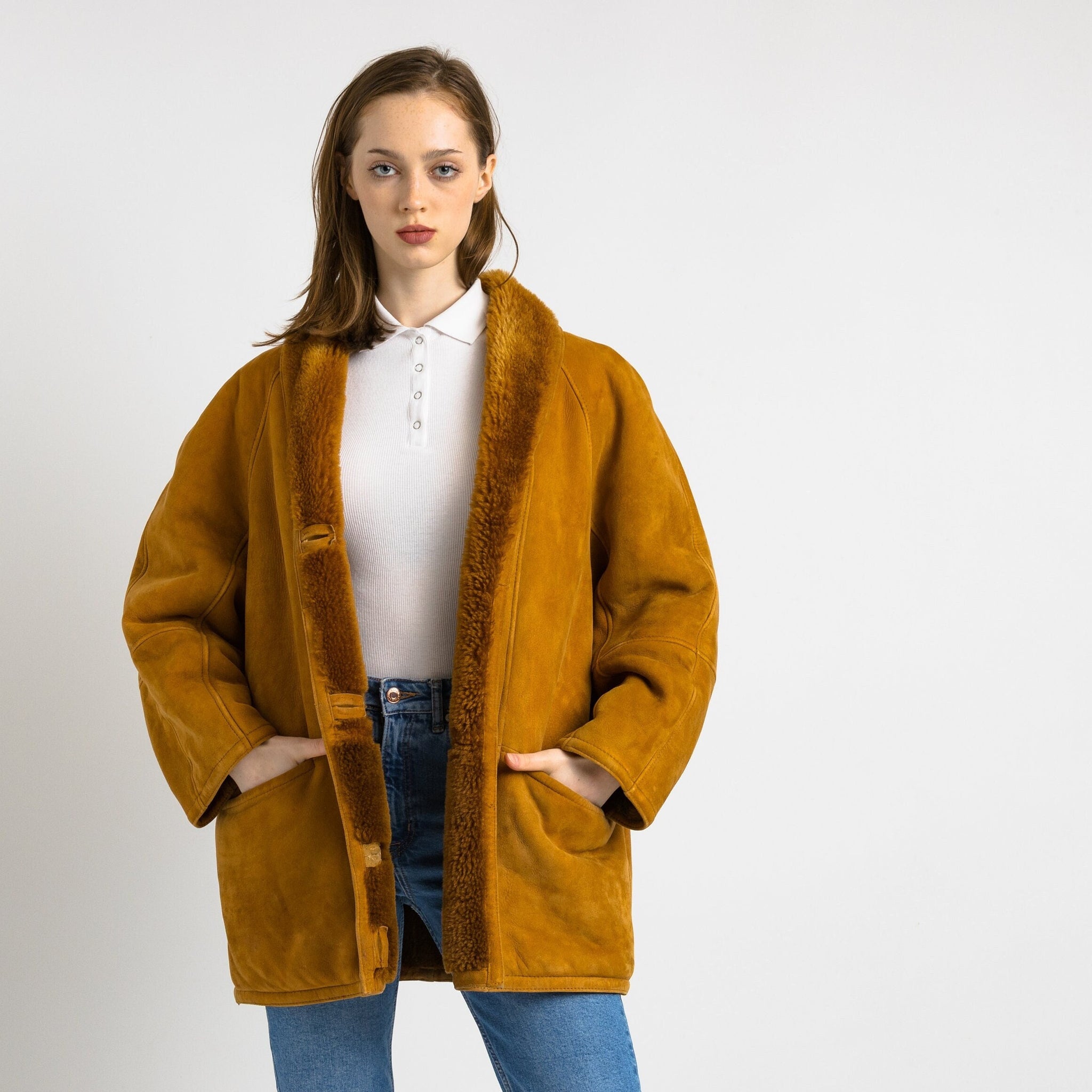 Sheepskin Leather Coat 80s, Size L Brown Shearling Fur Coat, Brown Sheepskin Overcoat, Vintage Sheepskin Coat, Penny Lane, Winter Outerwear