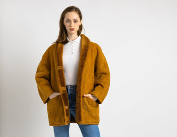 Sheepskin Leather Coat 80s, Size L Brown Shearling Fur Coat, Brown Sheepskin Overcoat, Vintage Sheepskin Coat, Penny Lane, Winter Outerwear