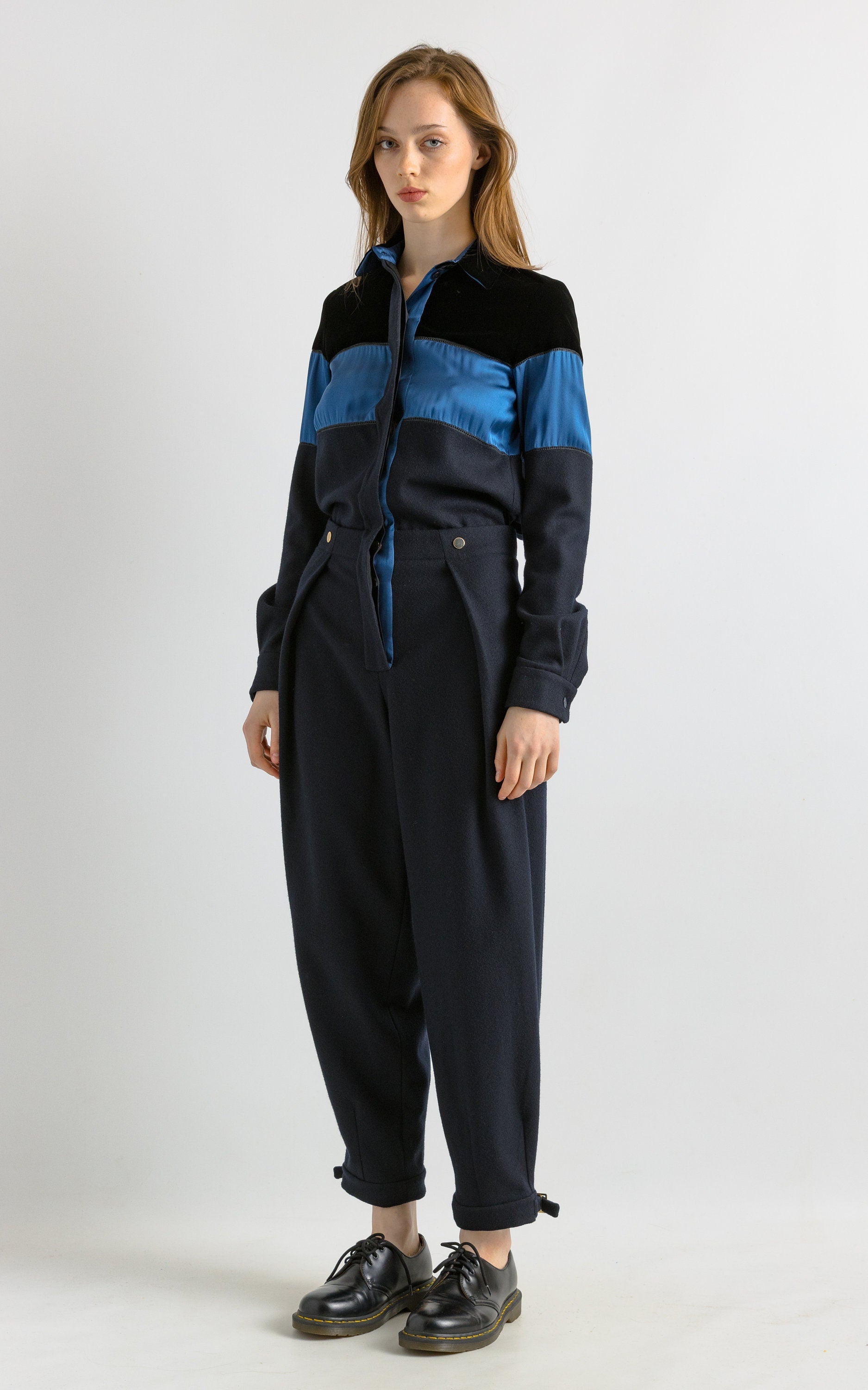 90s Vintage CHLOE Minimal Black Blue Buttoned Jumpsuit Coveralls / Fits like Xs S/ Designer Clothing