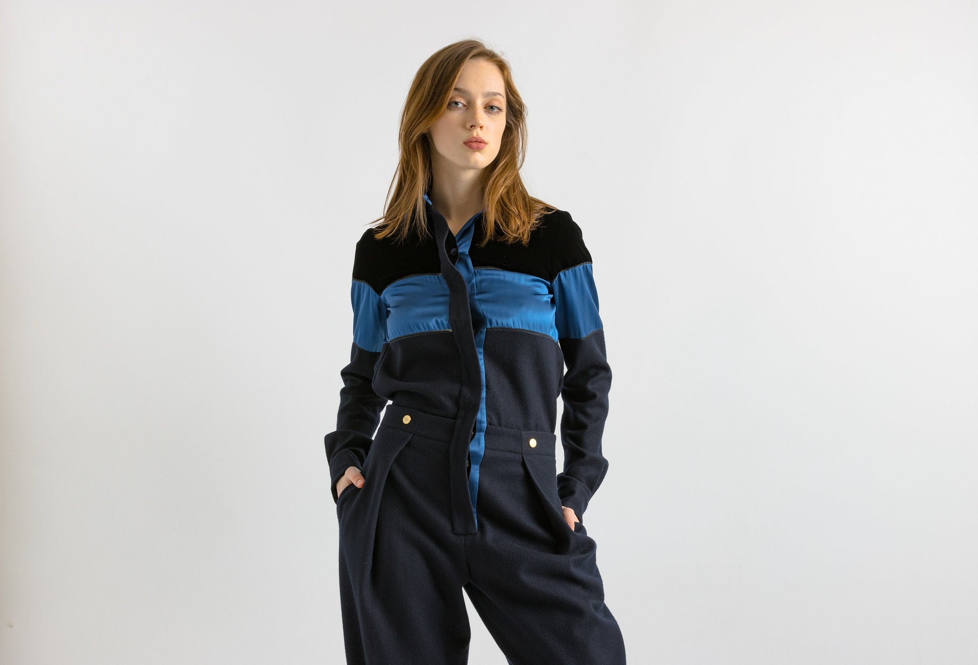 90s Vintage CHLOE Minimal Black Blue Buttoned Jumpsuit Coveralls / Fits like Xs S/ Designer Clothing