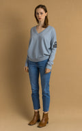 90s Vintage Woman Brunello Cucinelli Cashmere Blue V Neck Top Jumper Pullover fits L XL