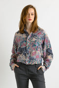 1980 80s Vintage Unisex Man Silk Blouse, Vintage Multicolor Paisley Long Sleeve Silk Top, Billowy Silk Blouse, Oversized Button Up