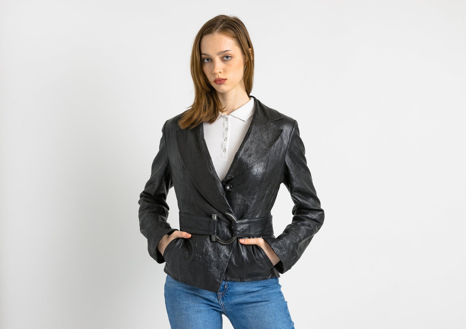 Black Leather Jacket Vintage 80s Minimalist Blazer Jacket Retro Leather Coat Longline Leather Jacket Women Vintage Clothing size Medium