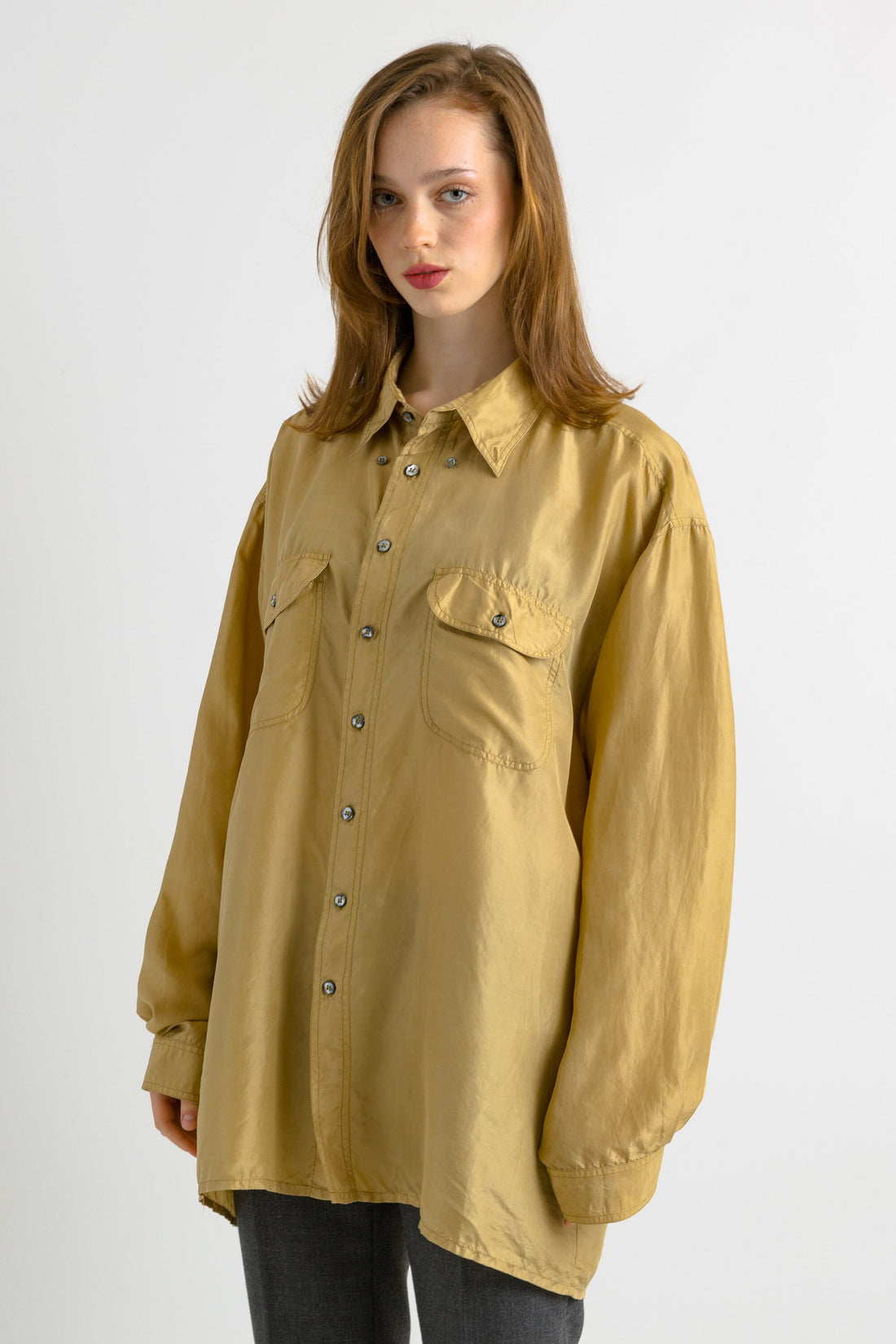 1980 80s Vintage Unisex Man Silk Blouse, Vintage Gold Oversized Long Sleeve Silk Top, Gold Silk Blouse, Oversized Button Up