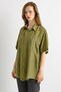 1980 80s Vintage Unisex Man Silk Blouse, Vintage Olive Oversized Short Sleeve Silk Top, Gold Silk Blouse, Oversized Button Up