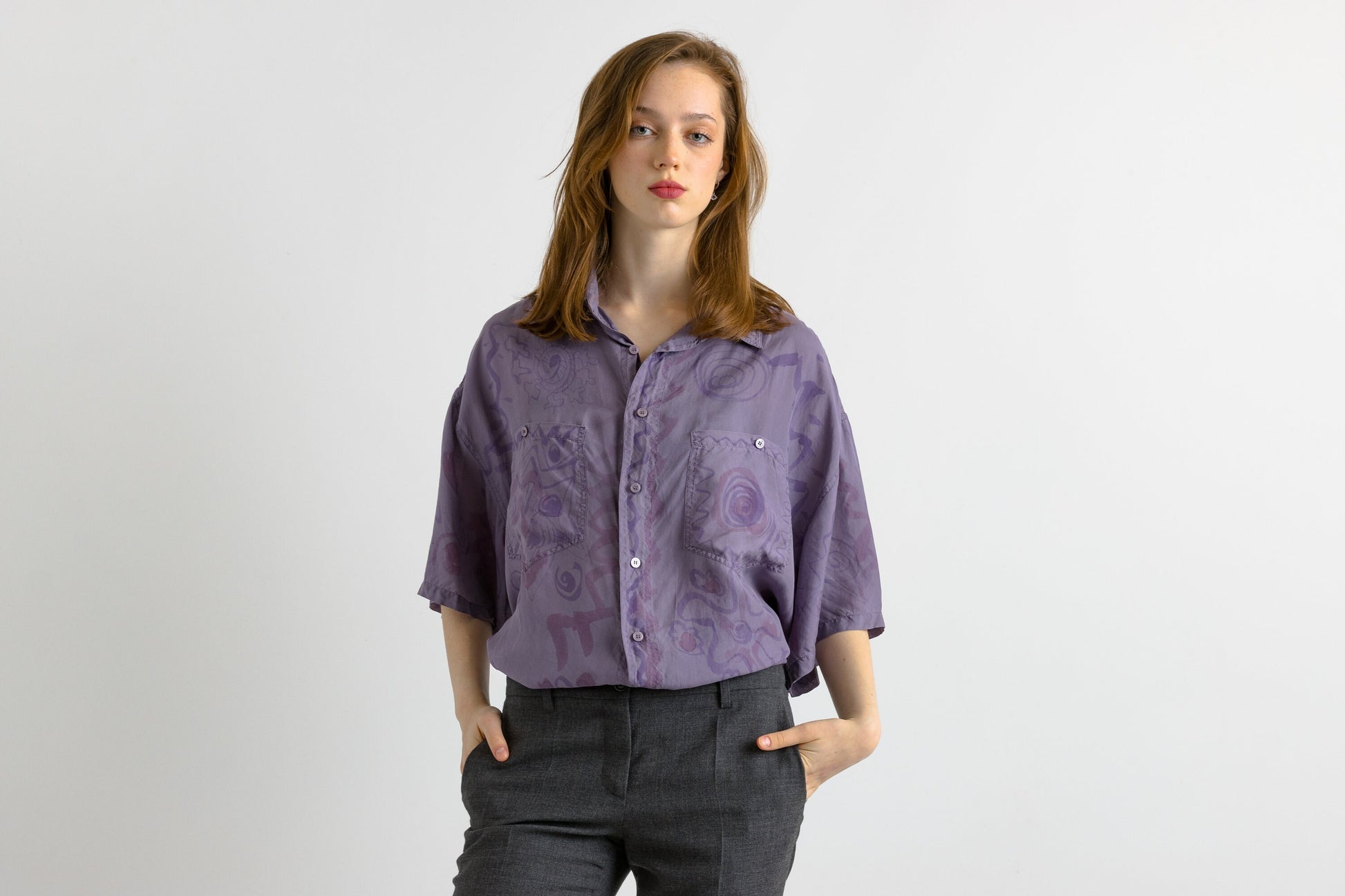 1980 80s Vintage Unisex Man Silk Blouse, Vintage Purple Oversized Short Sleeve Silk Top, Abstract Silk Blouse, Oversized Button Up