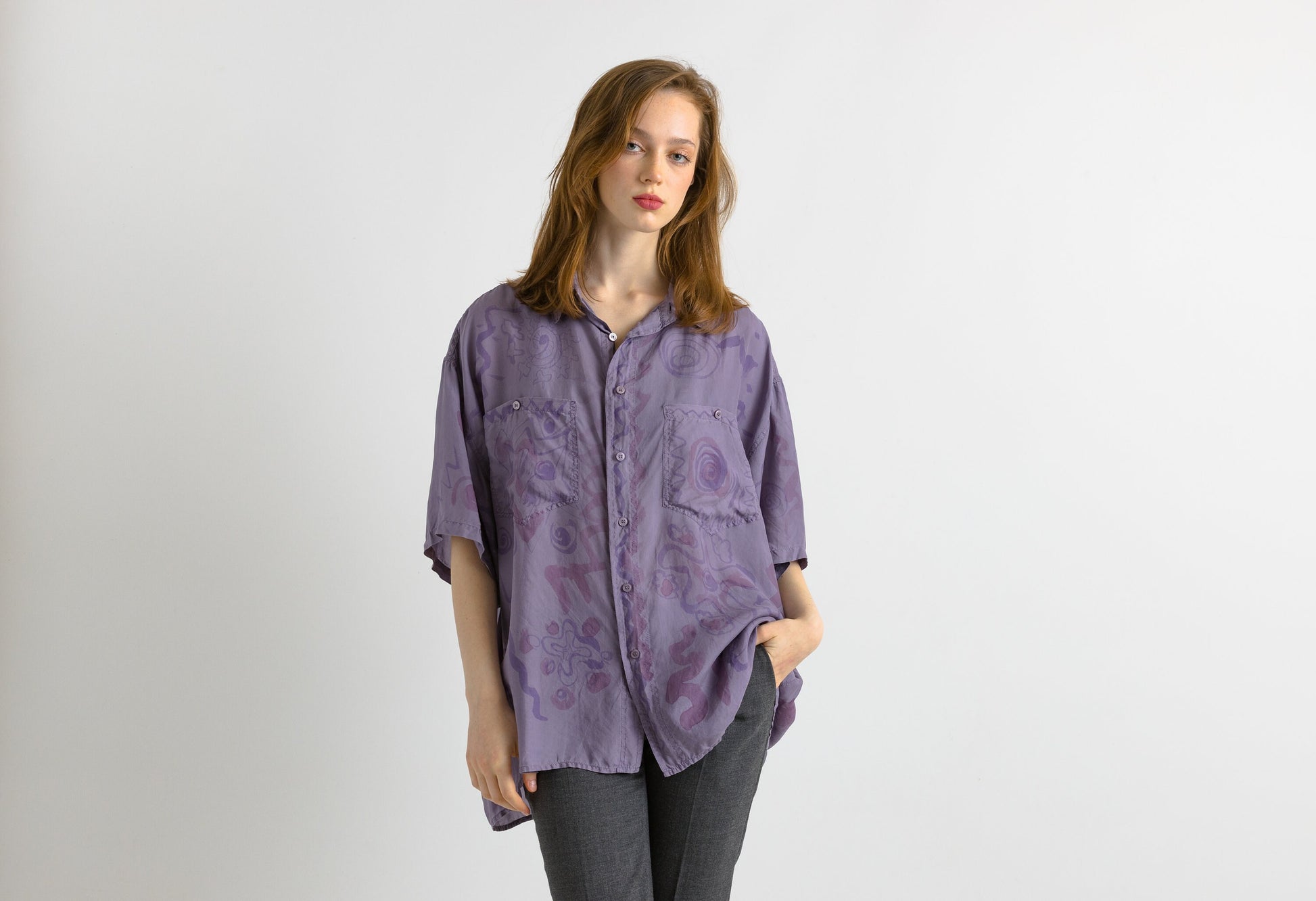 1980 80s Vintage Unisex Man Silk Blouse, Vintage Purple Oversized Short Sleeve Silk Top, Abstract Silk Blouse, Oversized Button Up