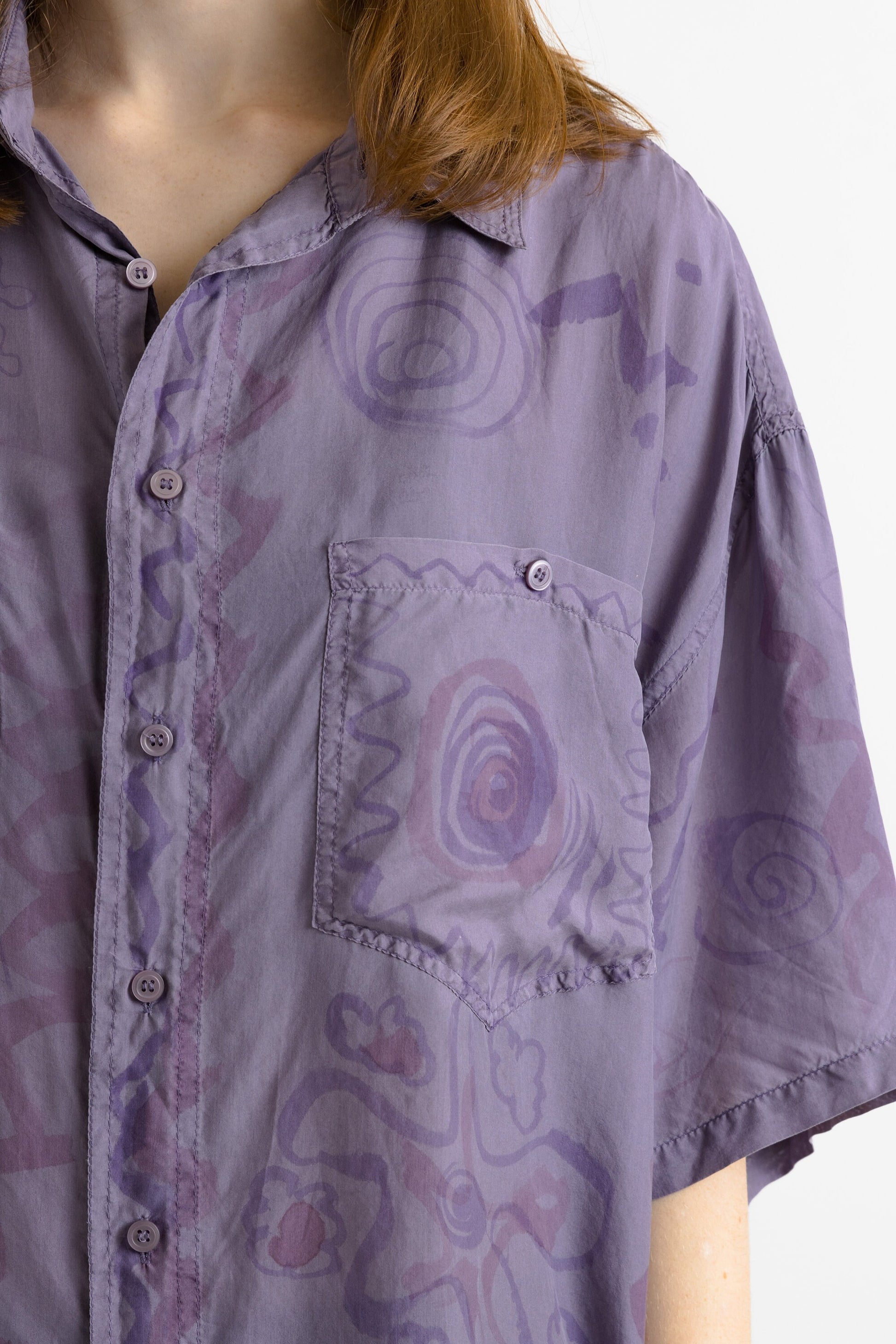 1980 80s Vintage Unisex Man Silk Blouse, Vintage Purple Oversized Short Sleeve Silk Top, Abstract Silk Blouse, Oversized Button Up