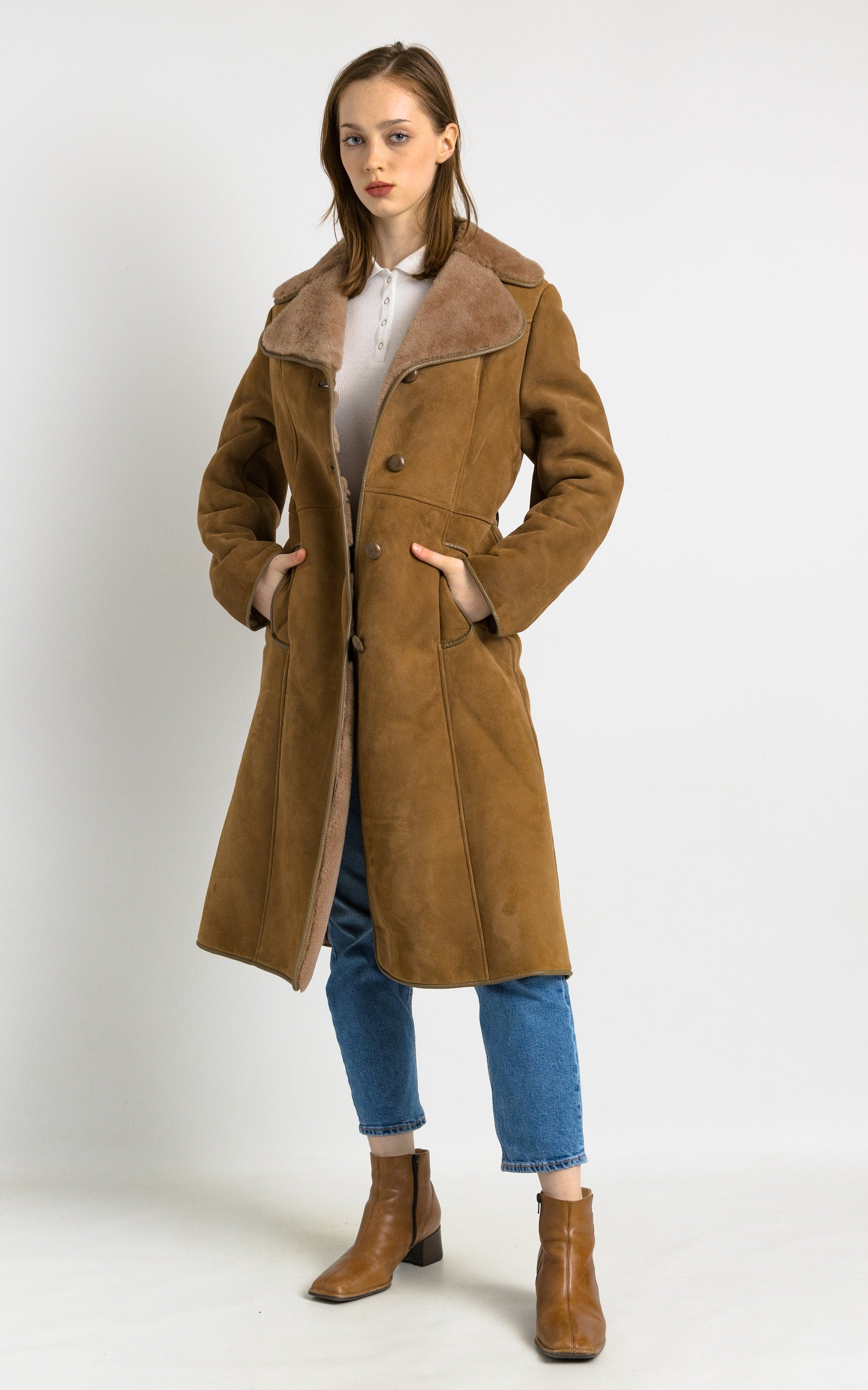 Sheepskin Leather Coat 80s, Size S Brown Shearling Fur Coat, Brown Sheepskin Overcoat, Vintage Sheepskin Coat, Penny Lane, Winter Outerwear