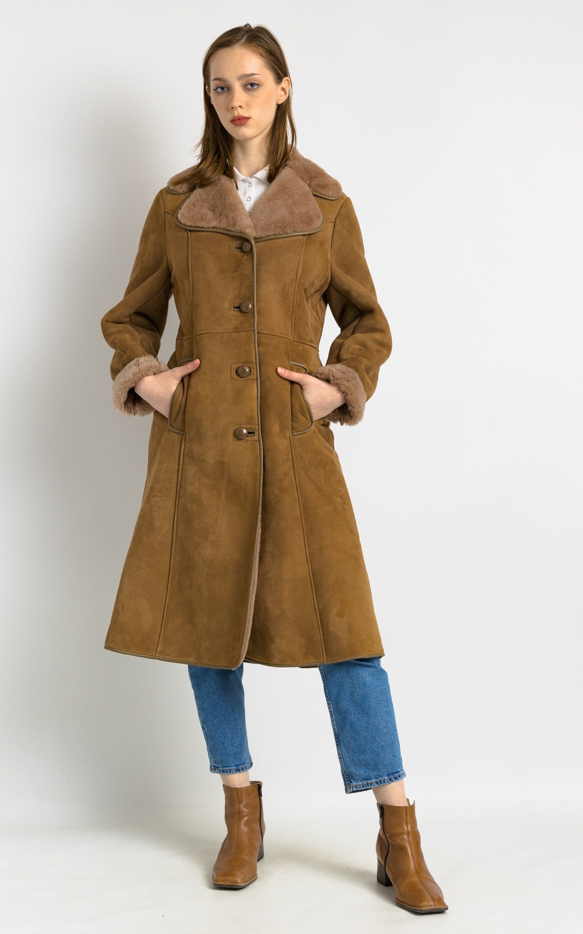 Sheepskin Leather Coat 80s, Size S Brown Shearling Fur Coat, Brown Sheepskin Overcoat, Vintage Sheepskin Coat, Penny Lane, Winter Outerwear