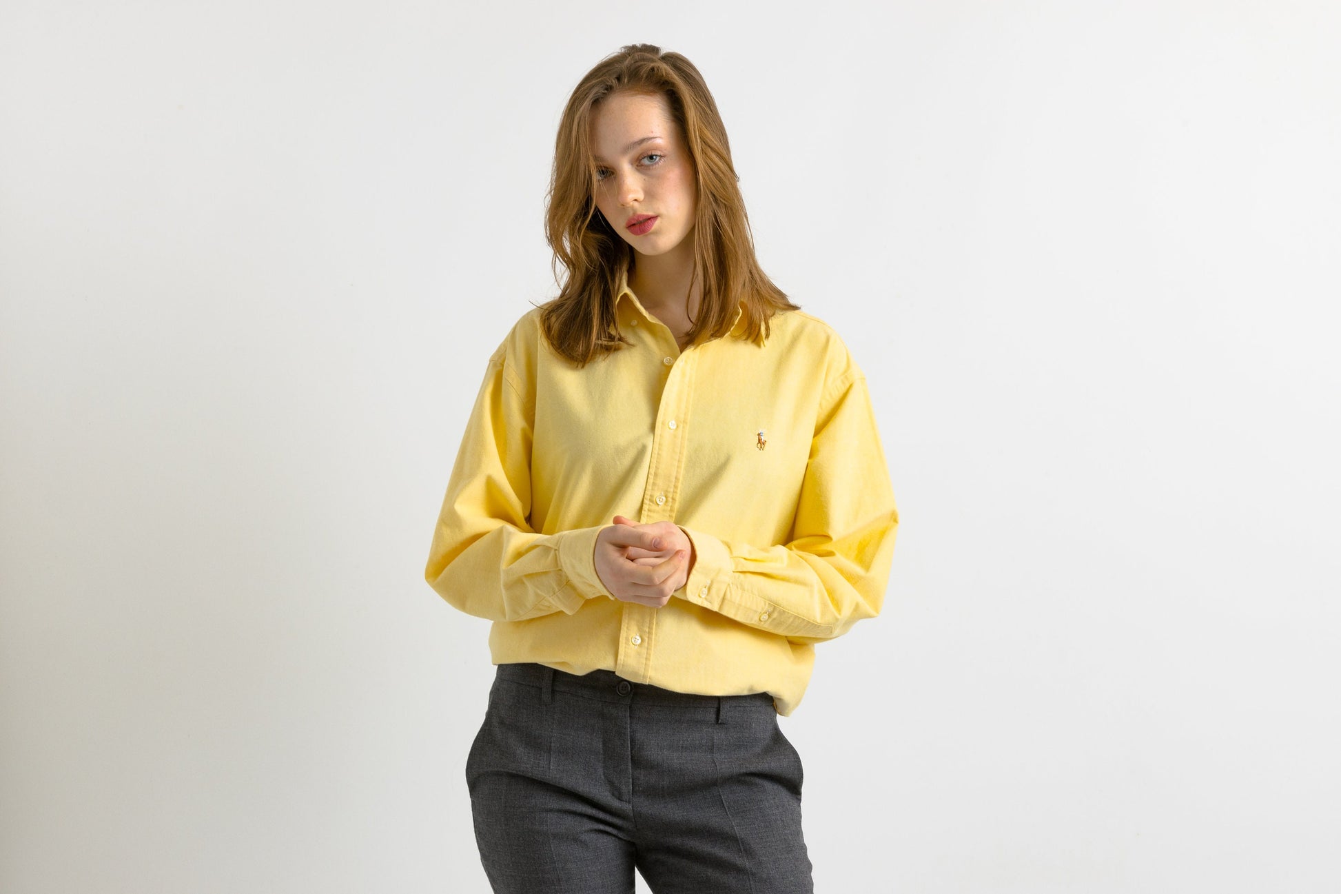 Vintage Ralph Lauren Yellow Cotton Logo Long Sleeve Buttons Up Unisex Shirt/ Vintage Ralph Lauren Unisex Yellow Size M Man Shirt