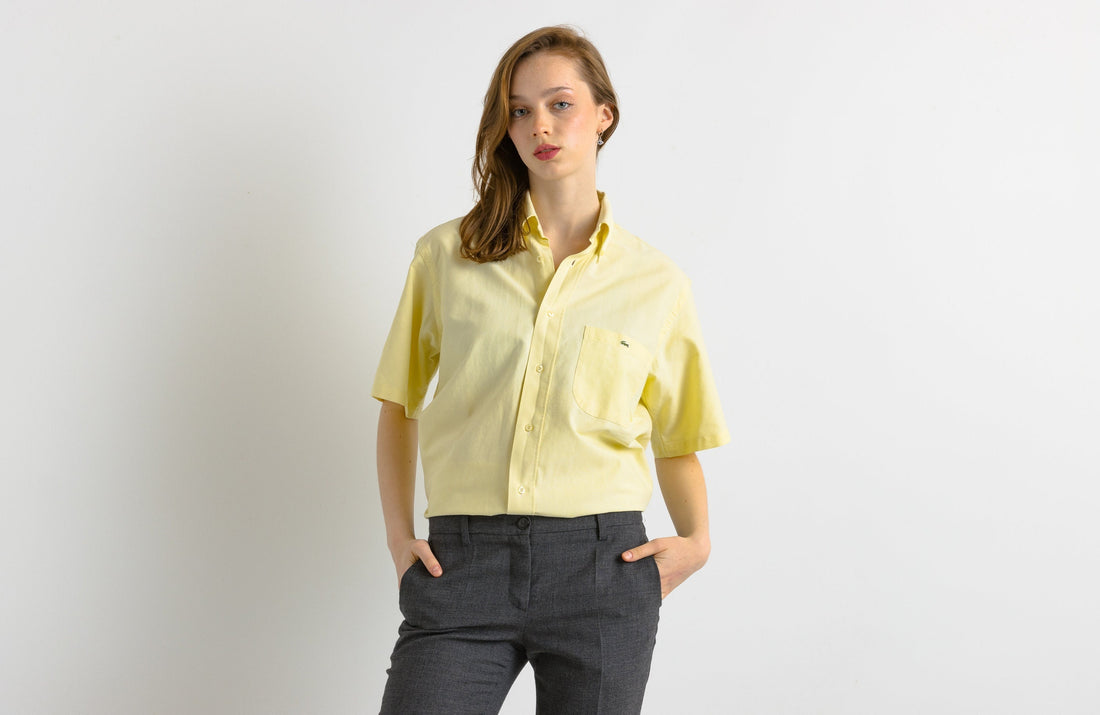 Vintage Lacoste Yellow Cotton Logo Short Sleeve Buttons Up Unisex Shirt/ Vintage Lacoste Unisex Yellow Size M Man Shirt