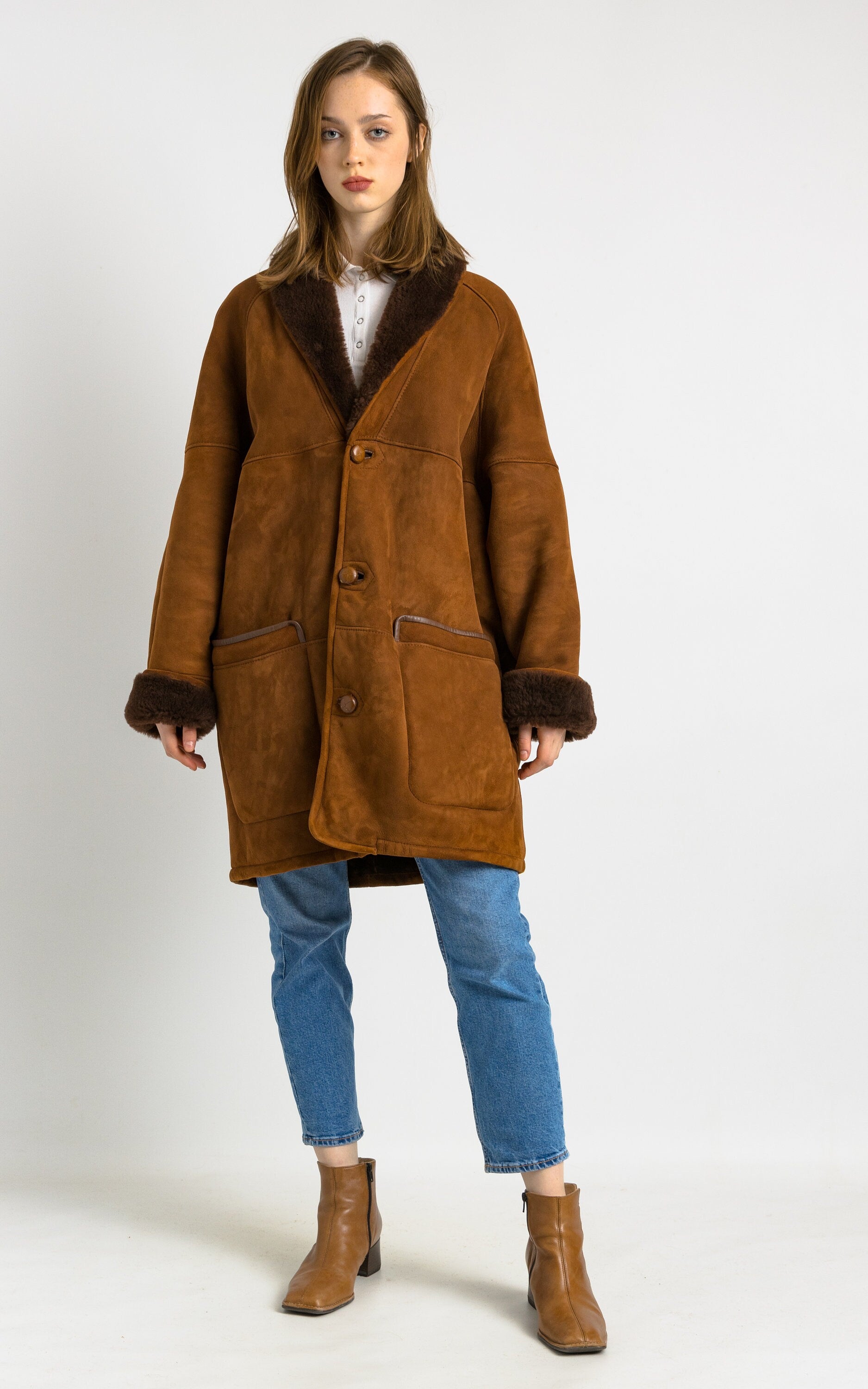 80s Vintage Suede Sheepskin Leather Shearling Fastens Coat size Mens 50/Vintage Leather Shearling Coat/Vintage Woman Winter Suede Coat