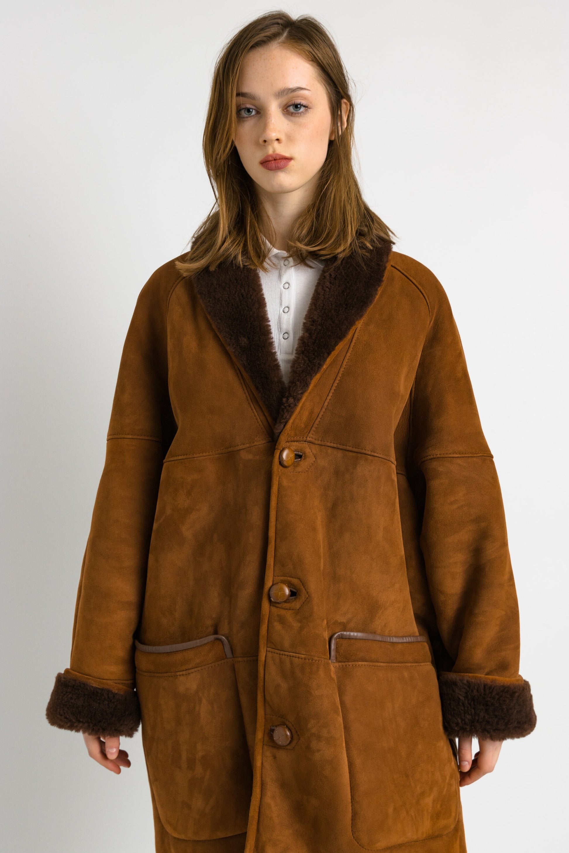 80s Vintage Suede Sheepskin Leather Shearling Fastens Coat size Mens 50/Vintage Leather Shearling Coat/Vintage Woman Winter Suede Coat