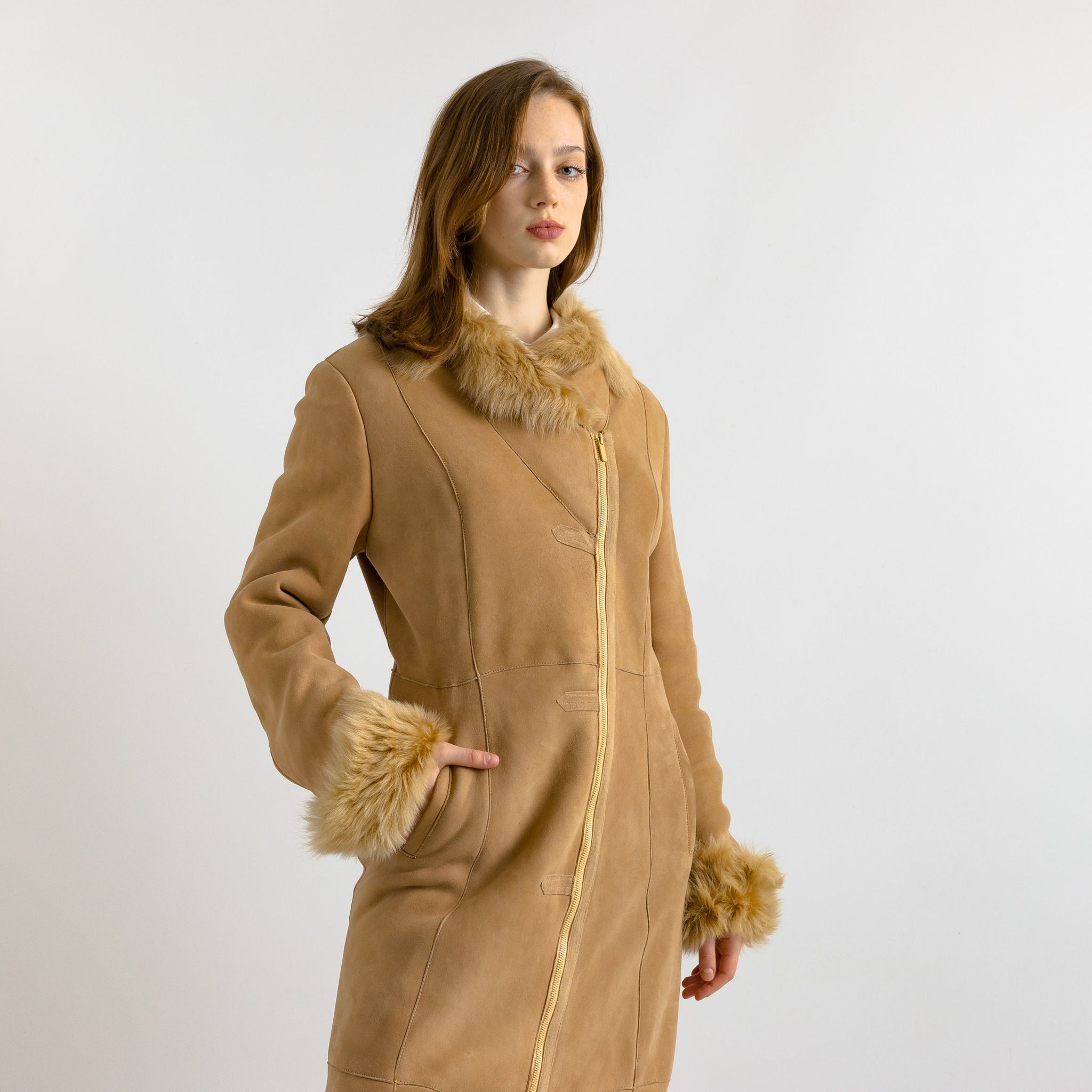 80s Vintage Suede Sheepskin Leather Shearling Fastens Coat size Small / Vintage Leather Shearling Coat/ Vintage Woman Winter Suede Coat