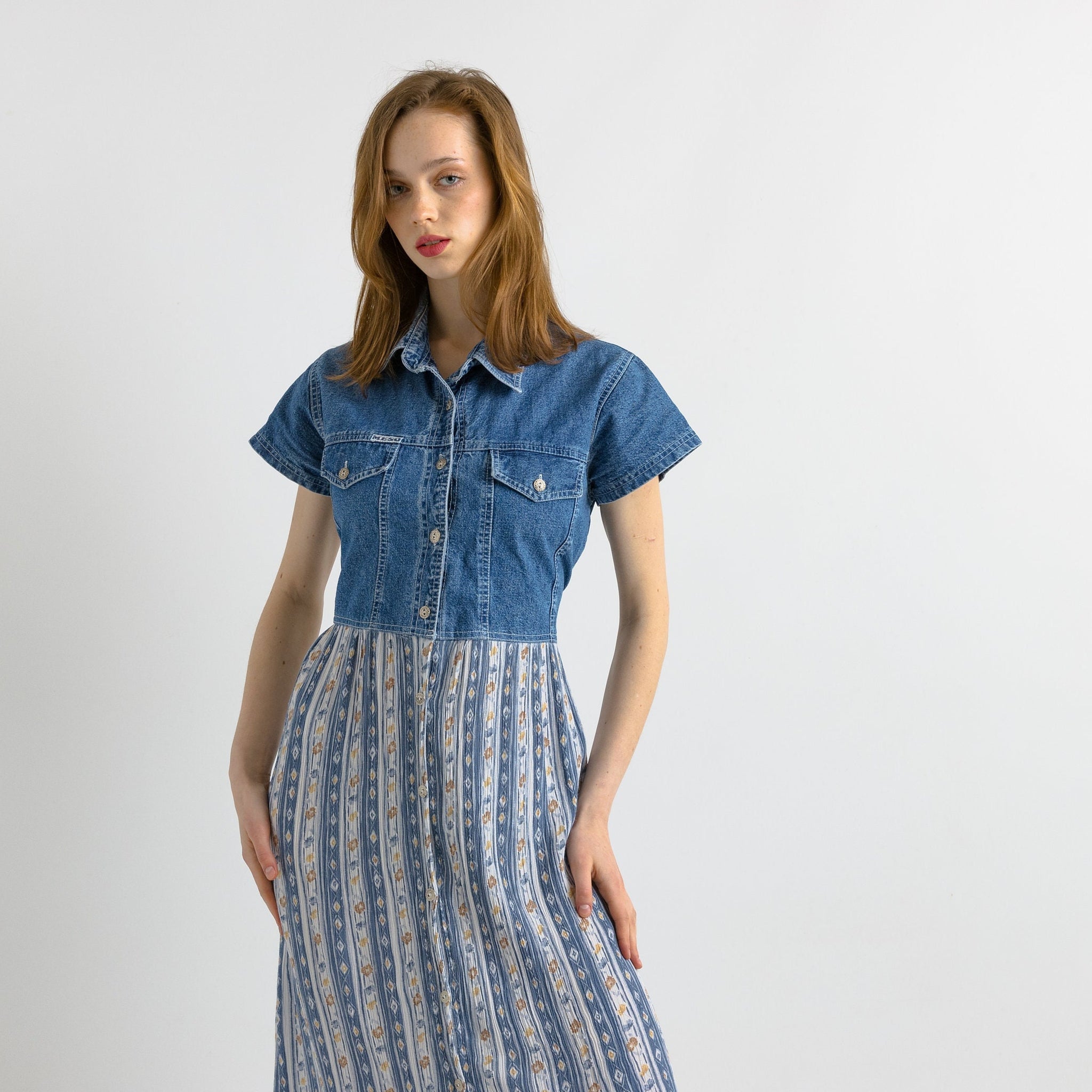 90s 80s Vintage Summer Denim Cotton Maxi Grunge Buttons Up A Line Blue Dress size Medium