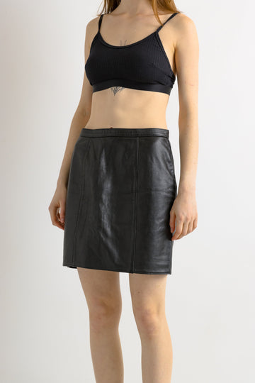 80s Leather Mini Skirt / High Waist Leather Mini Skirt Medium / Minimalist Black Skirt / Leather Mini A Line Skirt Medium