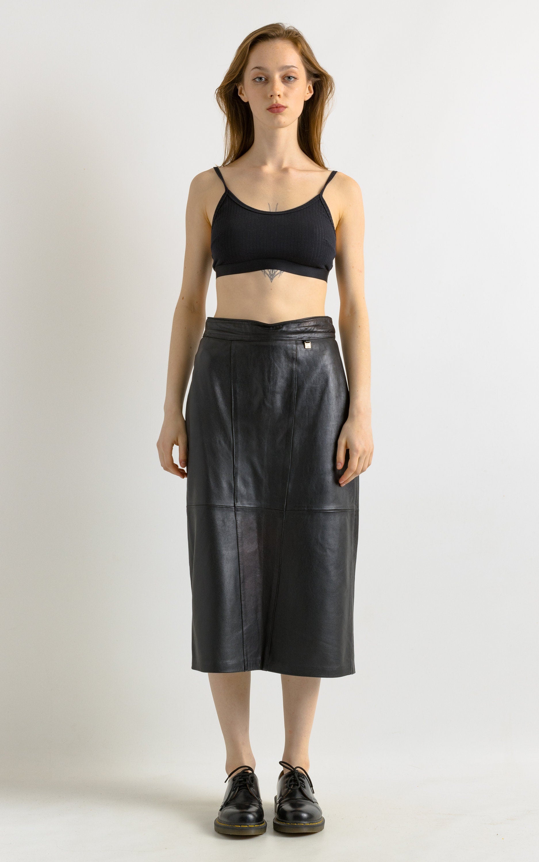 80s Leather Midi Skirt / High Waist Leather Midi Skirt Medium / Minimalist Black Pencil Skirt / Leather Midi Pencil Skirt Medium