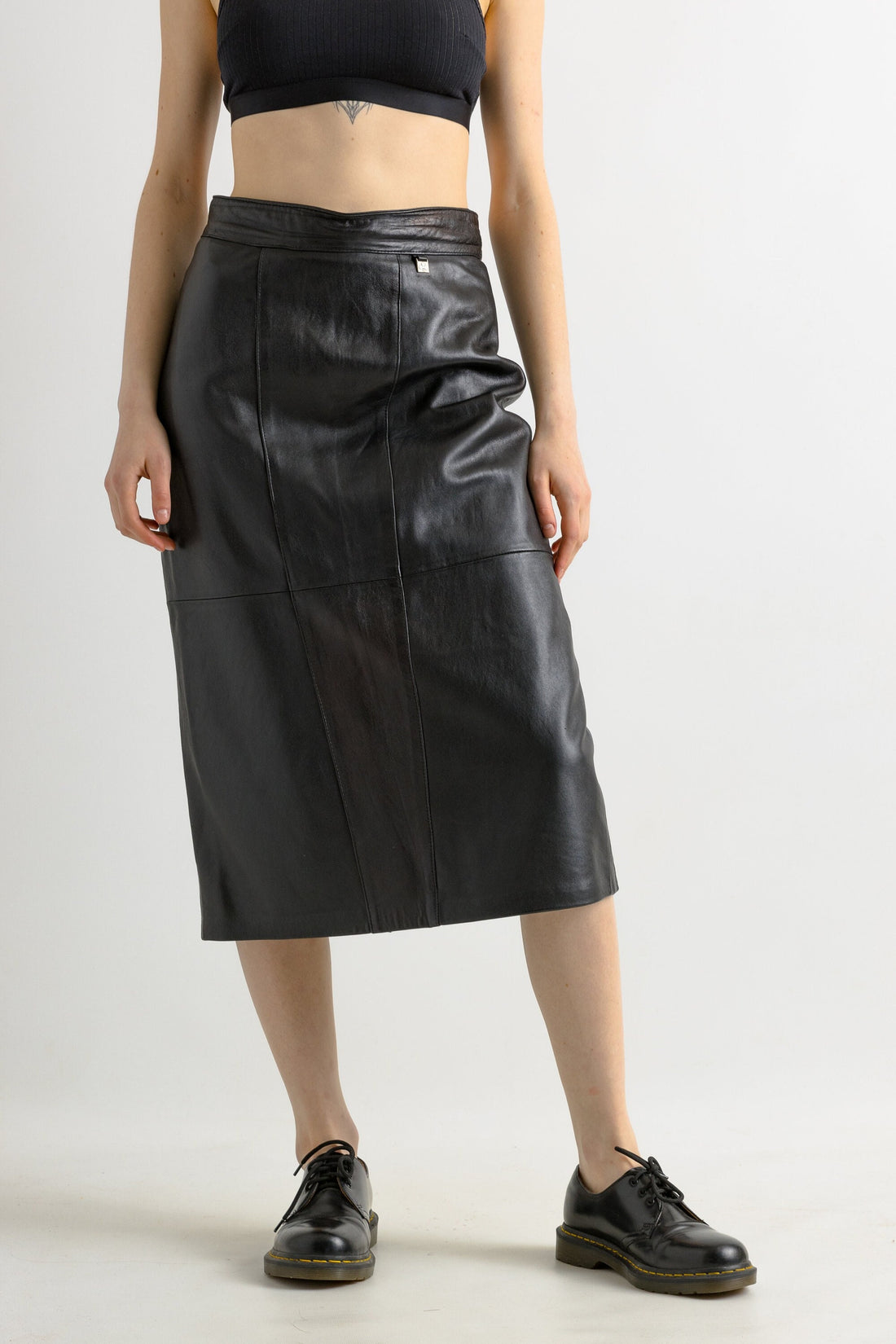 80s Leather Midi Skirt / High Waist Leather Midi Skirt Medium / Minimalist Black Pencil Skirt / Leather Midi Pencil Skirt Medium