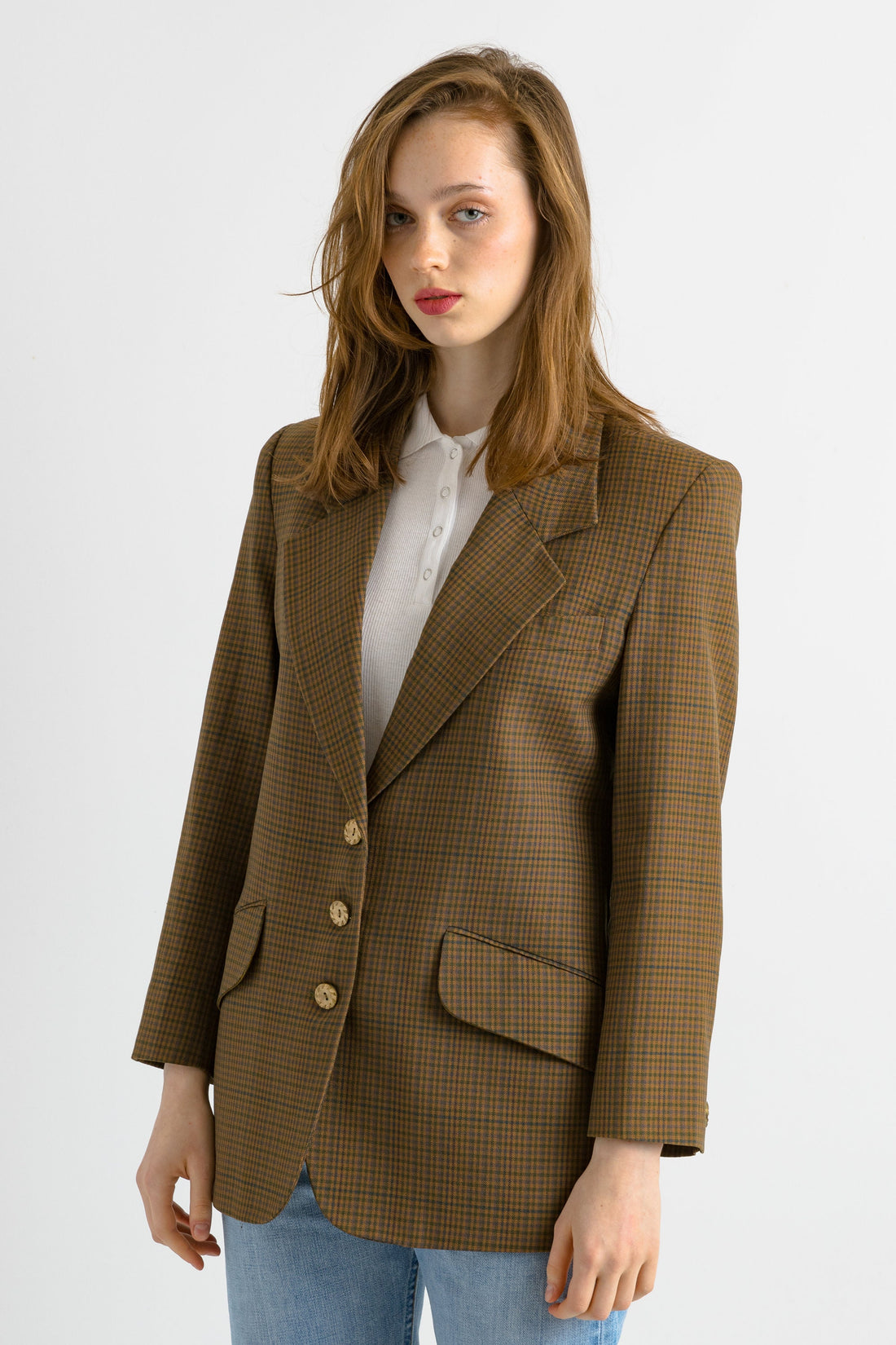 80s Vintage Vtg Rare Pure Wool Woolmark Brown Check Blazer Jacket Button Up size S/ Vintage Woman Blazer