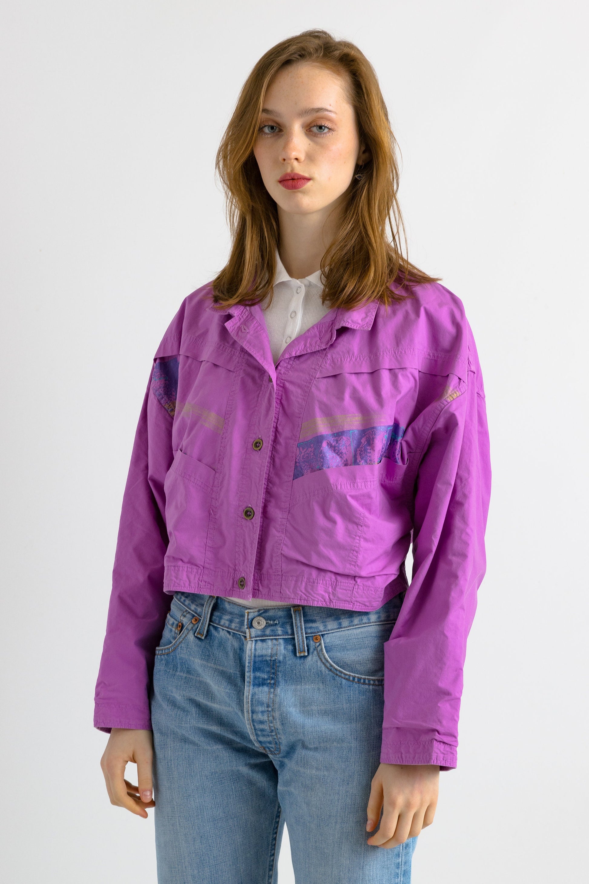 80s Vintage Switzerland Purple Crop Top Buttons Up Jacket/ Woman Small Blazer/ Minimalist Clothing