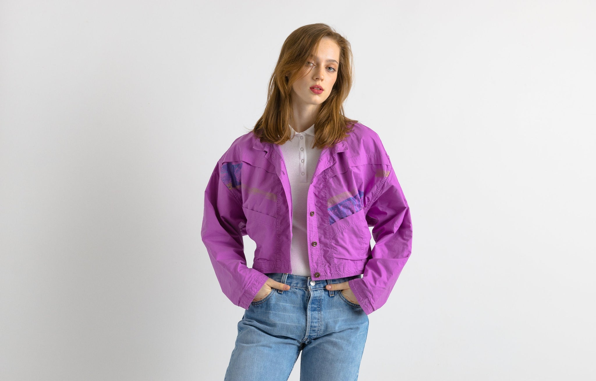 80s Vintage Switzerland Purple Crop Top Buttons Up Jacket/ Woman Small Blazer/ Minimalist Clothing