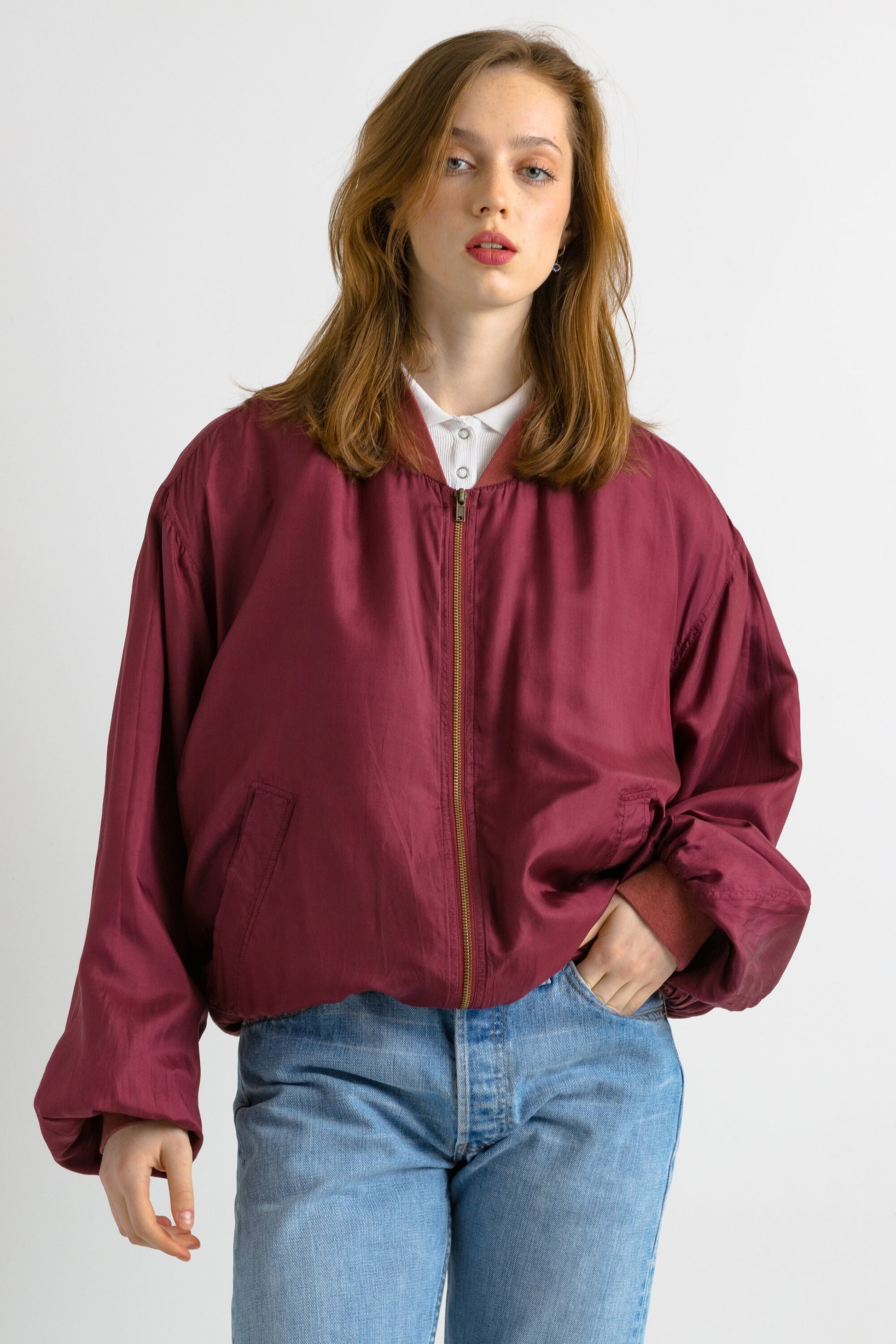 80s Rare 100% Silk Seta Seide Soie Lined Vintage Oldschool Full Zip Bomber Jacket Girlfriend Gift Present size Medium