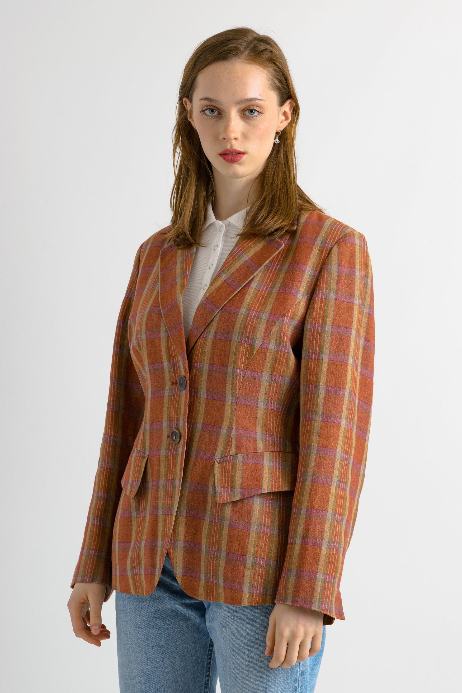 80s Vintage Vtg Rare Checked Lined 100% Linen Long Style Buttons Up Long Length Blazer Jacket Outwear