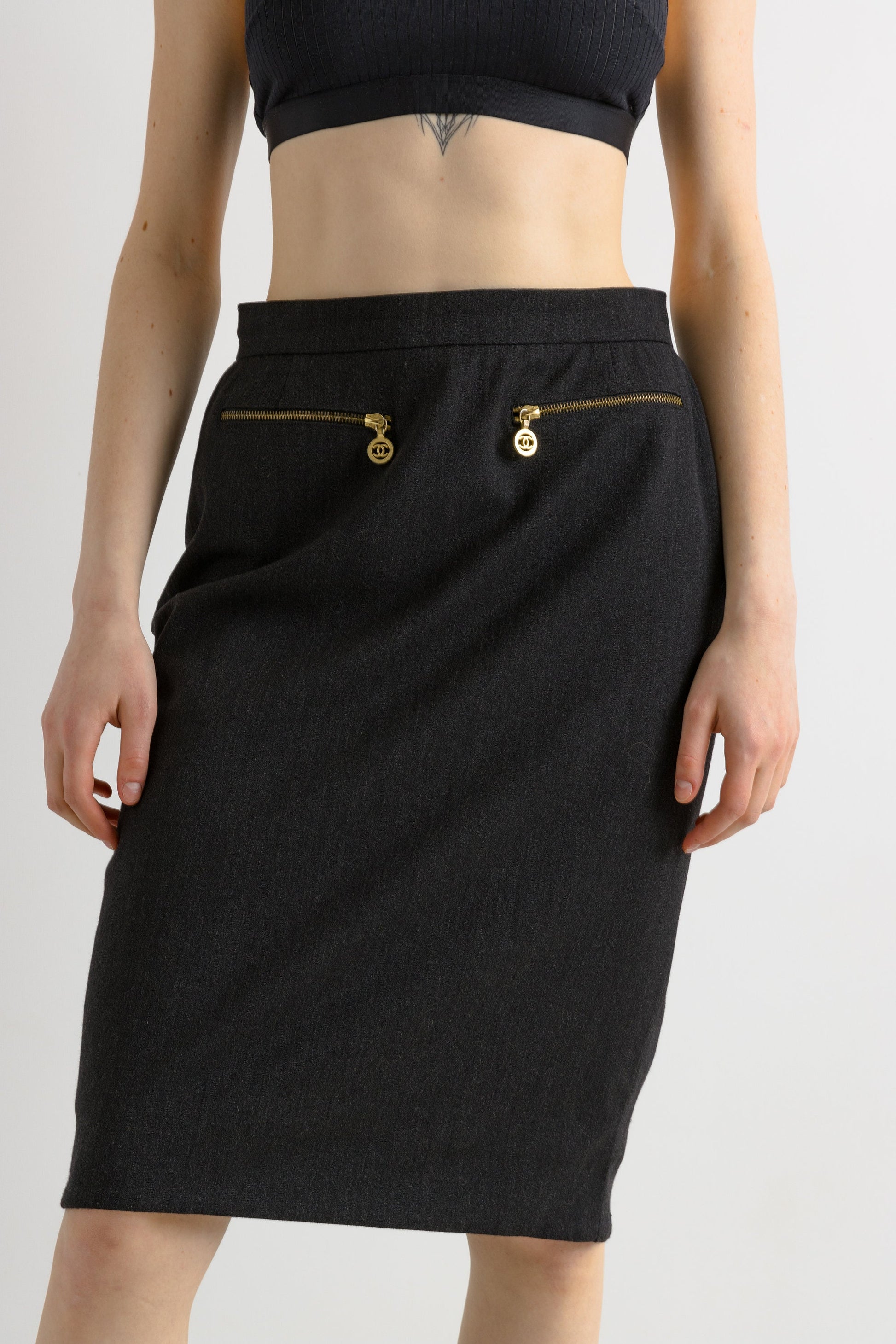 Vintage 90s Chanel High Waisted Pencil Wool Skirt/ Made in France | Midi Skirt | 90s French Designer Skirt