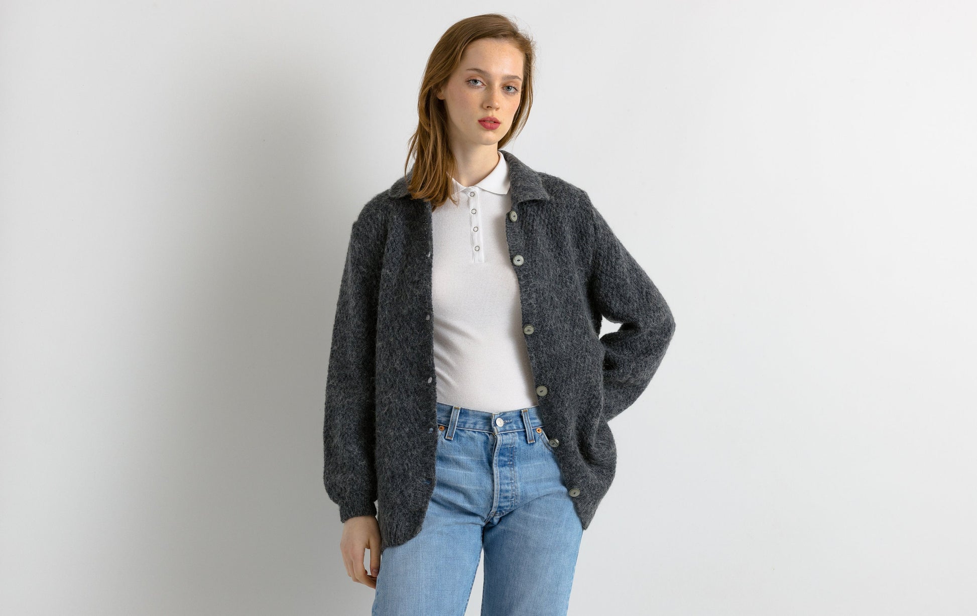 80s Vintage Dark Grey Mohair Crew Neck Buttons Up Sweater Jumper Cardigan Girlfriend Gift Present Womans Wear Vintage Clothes