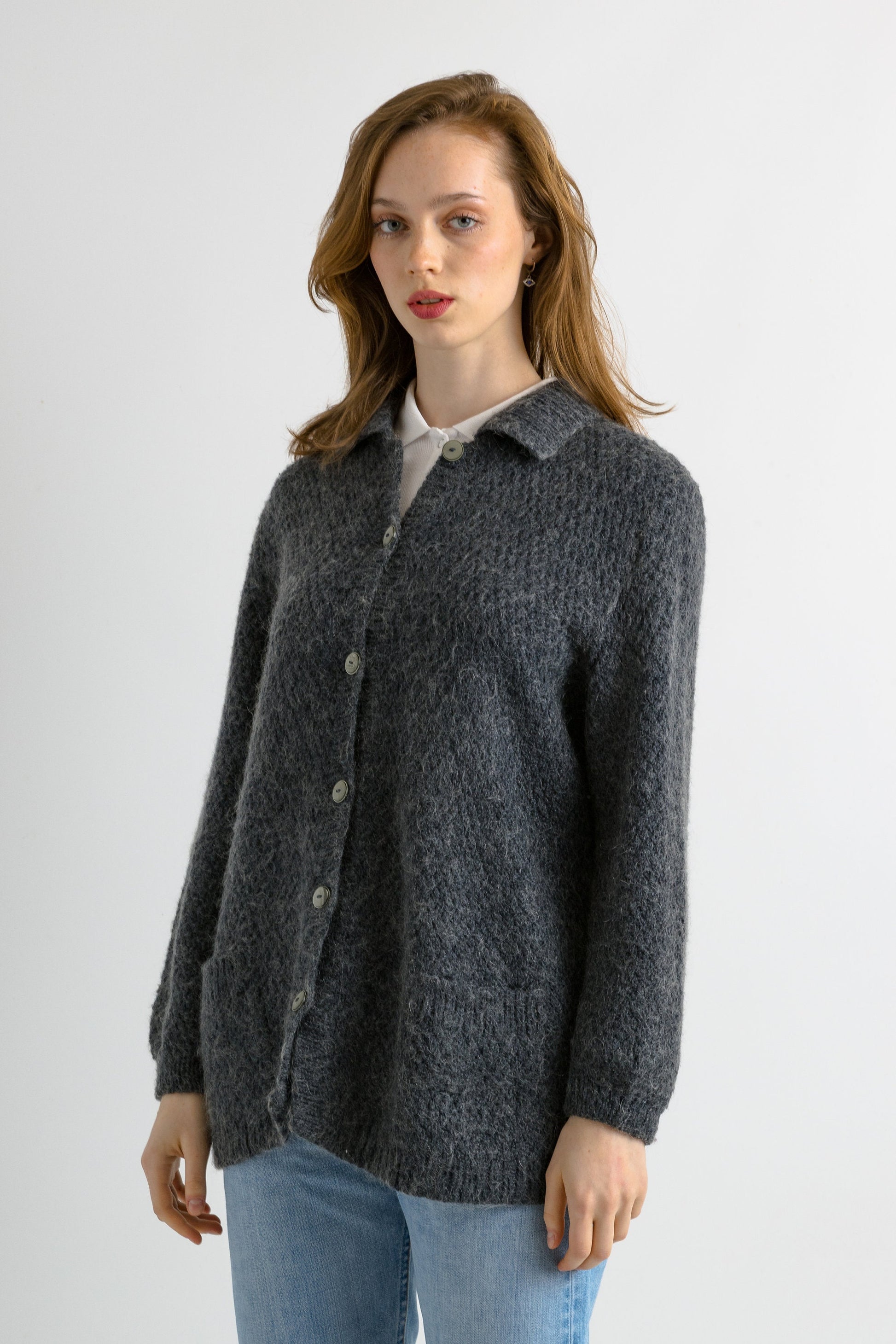 80s Vintage Dark Grey Mohair Crew Neck Buttons Up Sweater Jumper Cardigan Girlfriend Gift Present Womans Wear Vintage Clothes