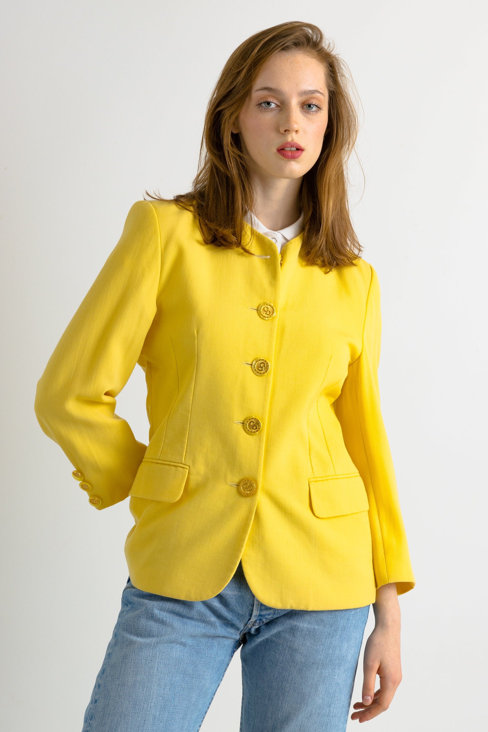 90s Vintage Pure Wool Yellow Long Maxi Blazer Jacket Button Up