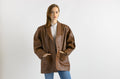 Brown Leather Jacket Vintage 80s Minimalist Blazer Jacket Retro Leather Coat Longline Leather Jacket Women Vintage Clothing size Small