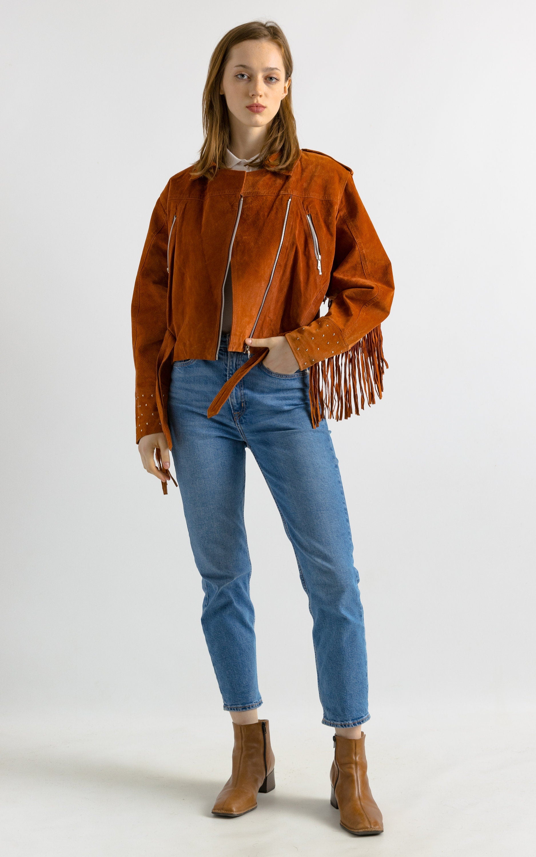 Western Suede Fringed Jacket for Women, Classic Short Cowhide Jacket for Her, Traditional American Coat Jacket, American Cowgirl Suede Coat